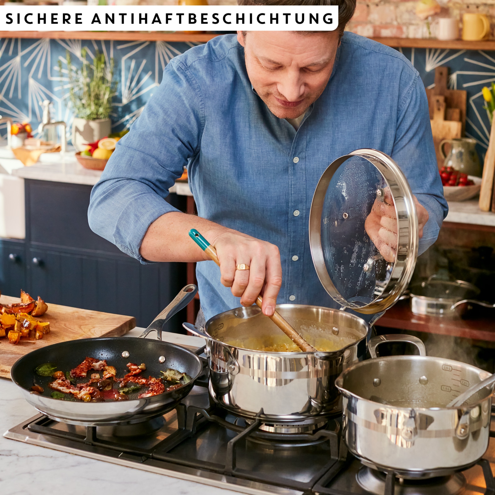 Tefal Pfannen-Set »Jamie Oliver Cook Smart für alle Herdarten, Induktion, Thermo-Signal« Edelstahl Set, 3x Bratpfannen 20/24/28 cm, 3 Stk. tlg. Antihaftversiegelung, lange Lebensdauer. ergonomischer Griff, E310S3