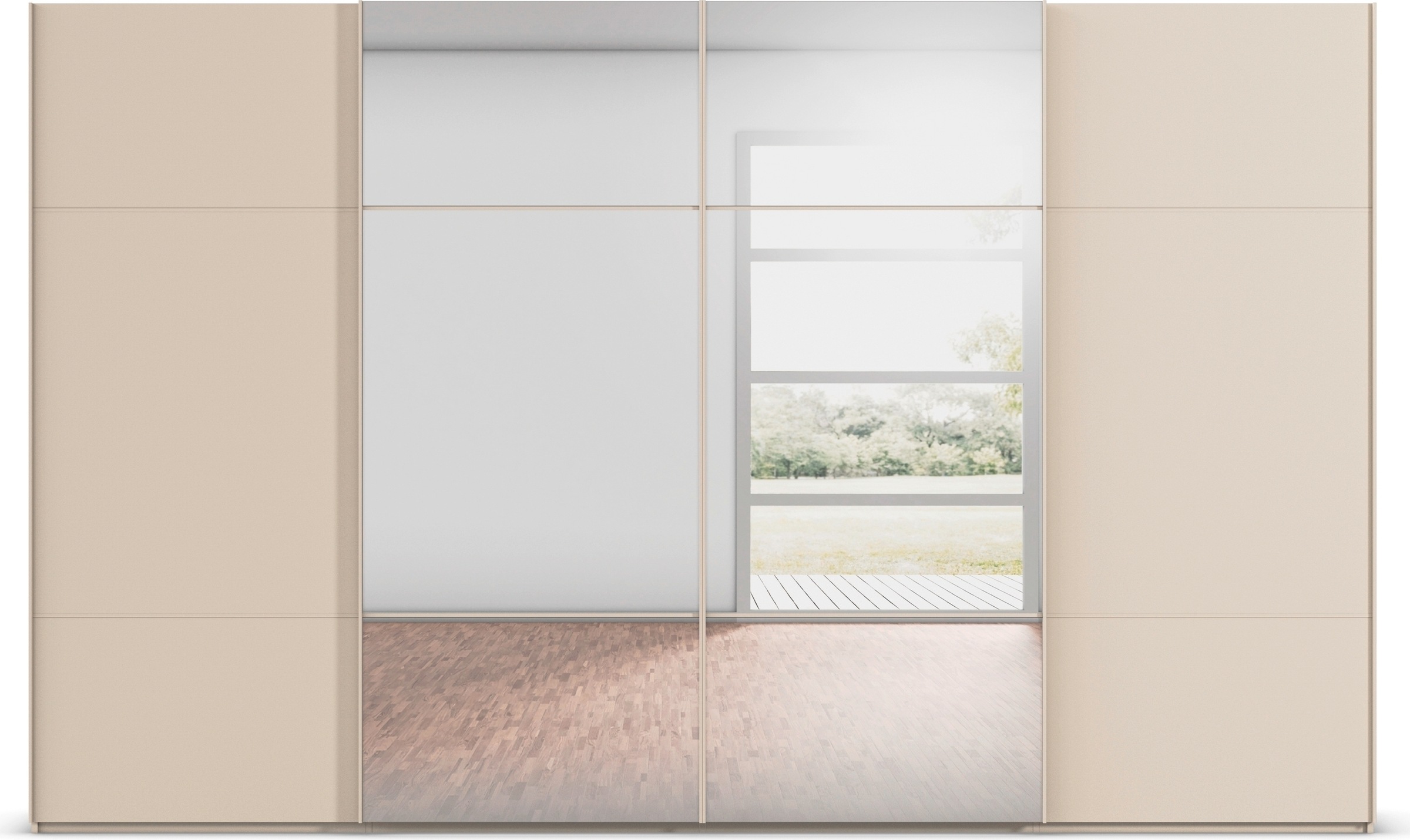 rauch Schwebetürenschrank »Kleiderschrank Schrank Garderobe Schlafzimmerschrank SCALE-TRIO«, edle dreigeteilte Front mit 2 Zierleisten und Spiegel MADE IN GERMANY