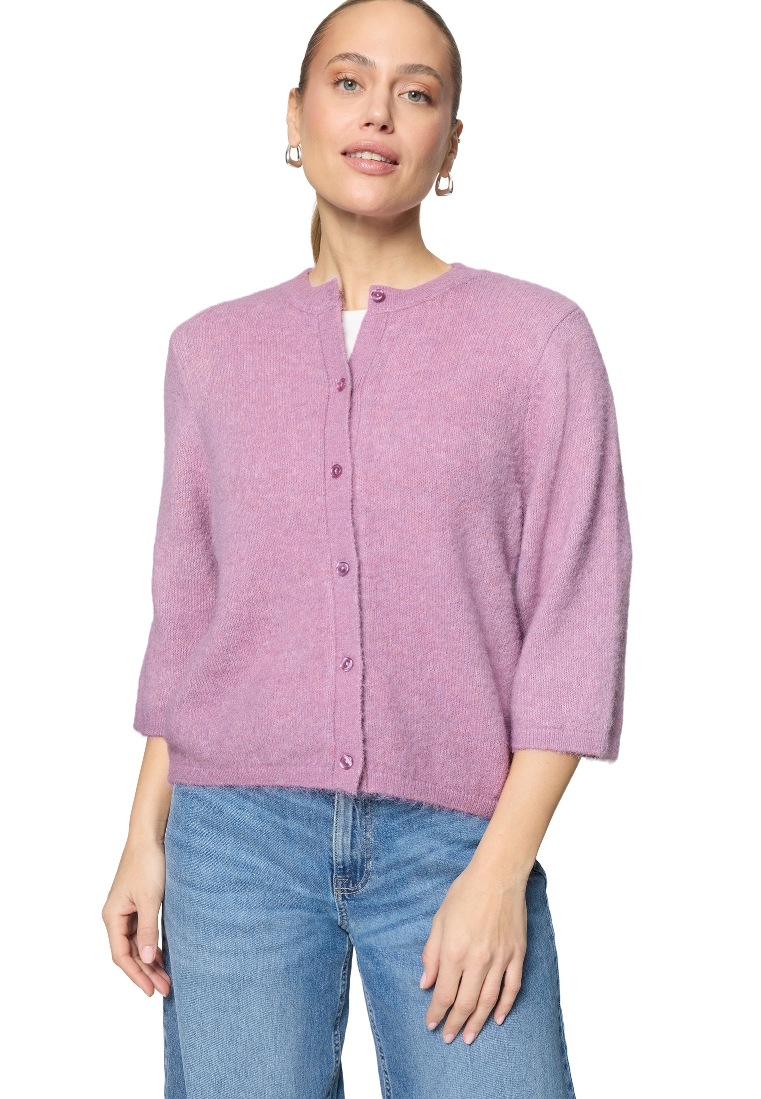 Strickjacke ZERO "Damen 3/4 Arm und Knöpfe", Herren, Gr. 44, lila melange, 70% Polyester, 15% Polyamid, 8% Polyacryl, 5% Wolle, 2% Elasthan, aufgeraut, figurbetont normal, Rundhals, weit, Strickjacken Strickjacke, Knopfleiste