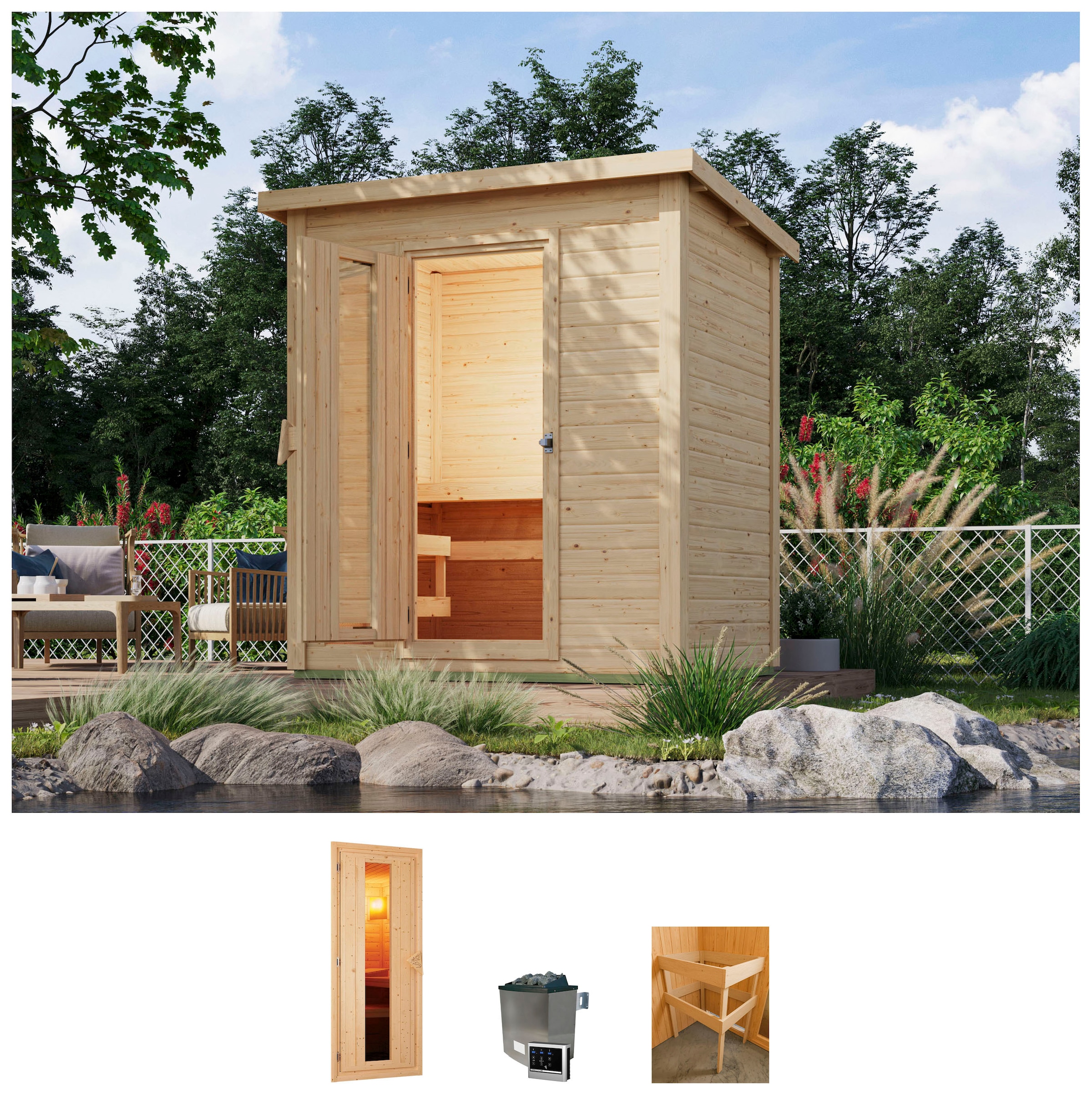 Karibu Saunahaus "Talo 1" Set, Ofen 9 kW Bio externe Strg easy