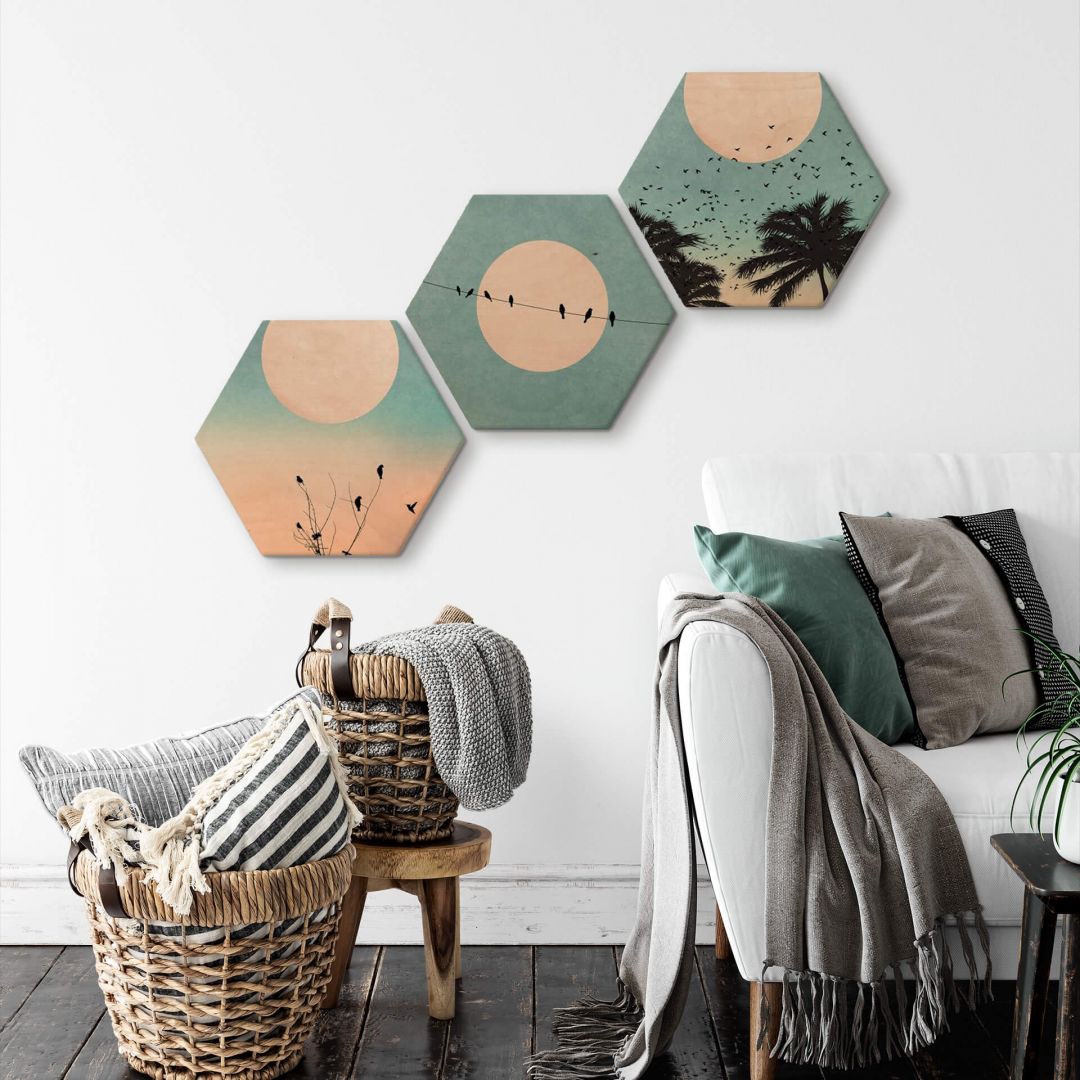 St.) Holzbild »Hexagon Sonnenaufgang«, BAUR | bestellen Wall-Art (Set, 3 Holzbild