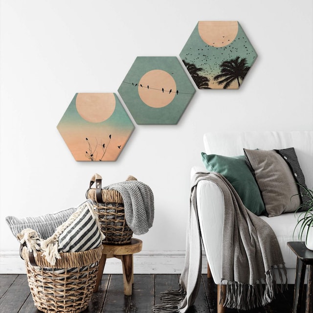 Wall-Art Holzbild »Hexagon Holzbild Sonnenaufgang«, (Set, 3 St.) bestellen  | BAUR
