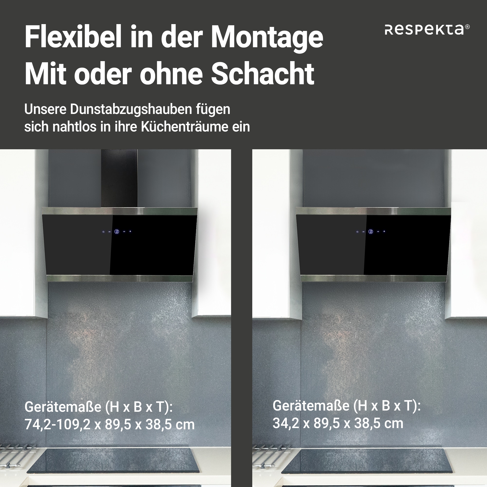 RESPEKTA Kopffreihaube, 90 cm, 9 Leistungsstufen, LED-Beleuchtung, Ab- und Umluftfähig