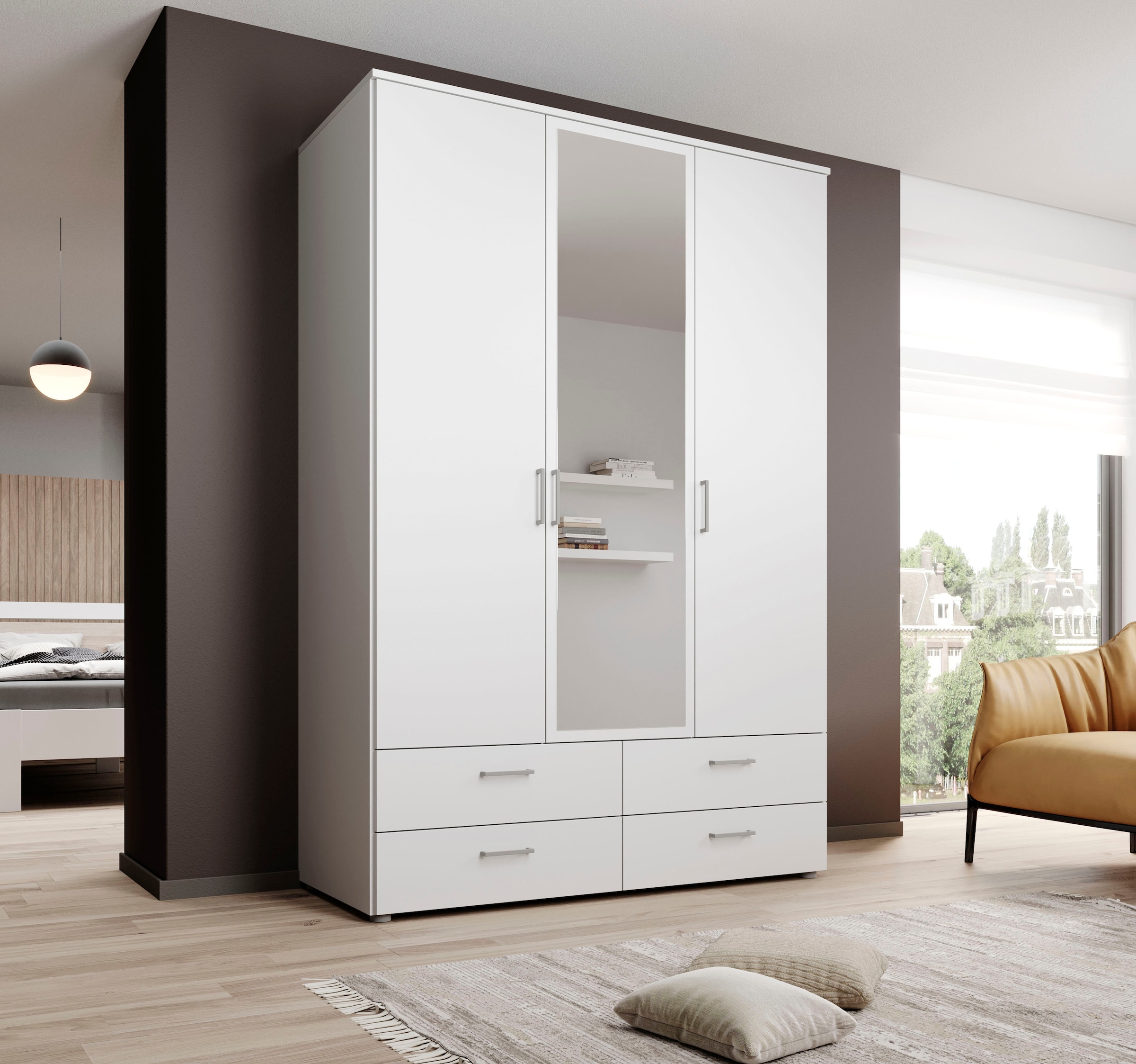 Schlafkontor Drehtürenschrank »Spazio«, weiß, Schlafzimmerschrank mit Spiegel