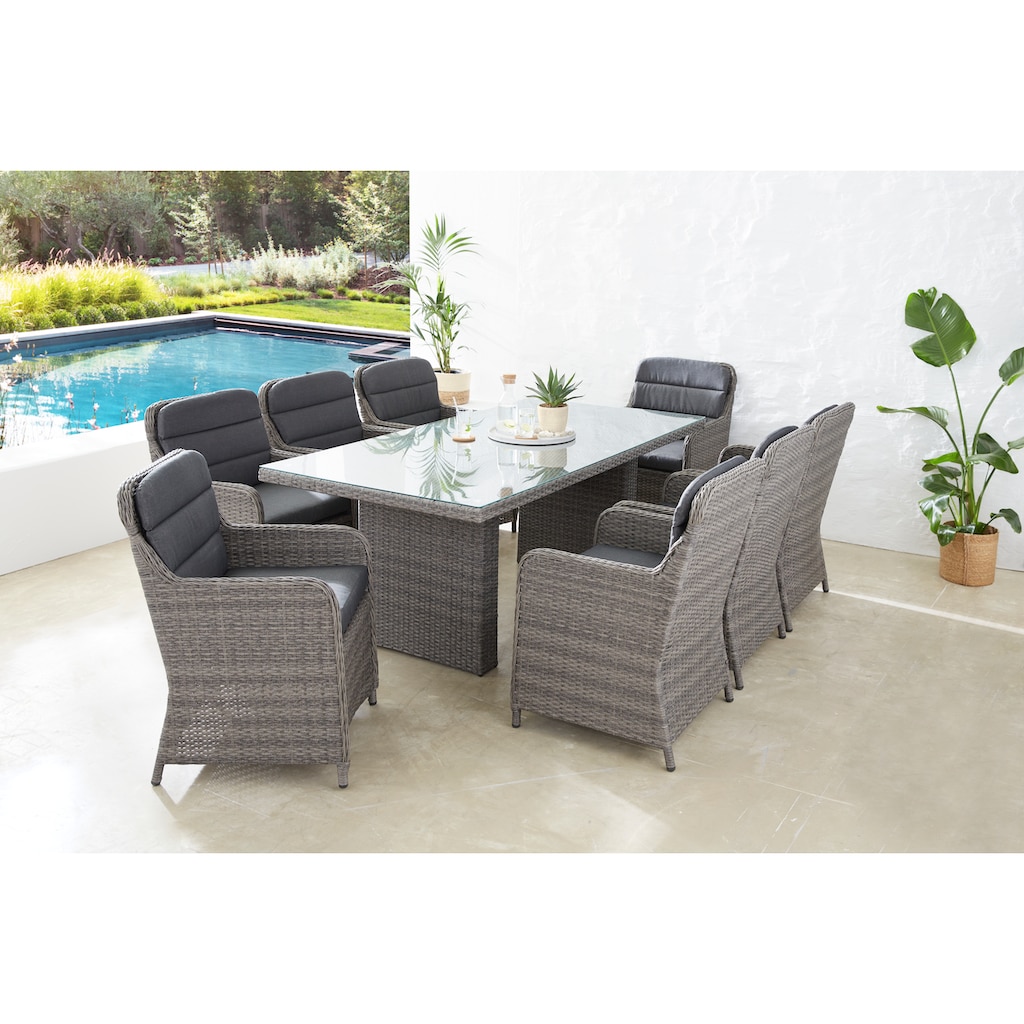 KONIFERA Garten-Essgruppe »Kairo«, (Set, 25 tlg., 8x Sessel, 1x Tisch 200x100x74 cm, inkl. Auflagen, Dunkelgrau), Polyrattan, Stahl, Tischplatte aus 5mm starkem Sicherheitsglas