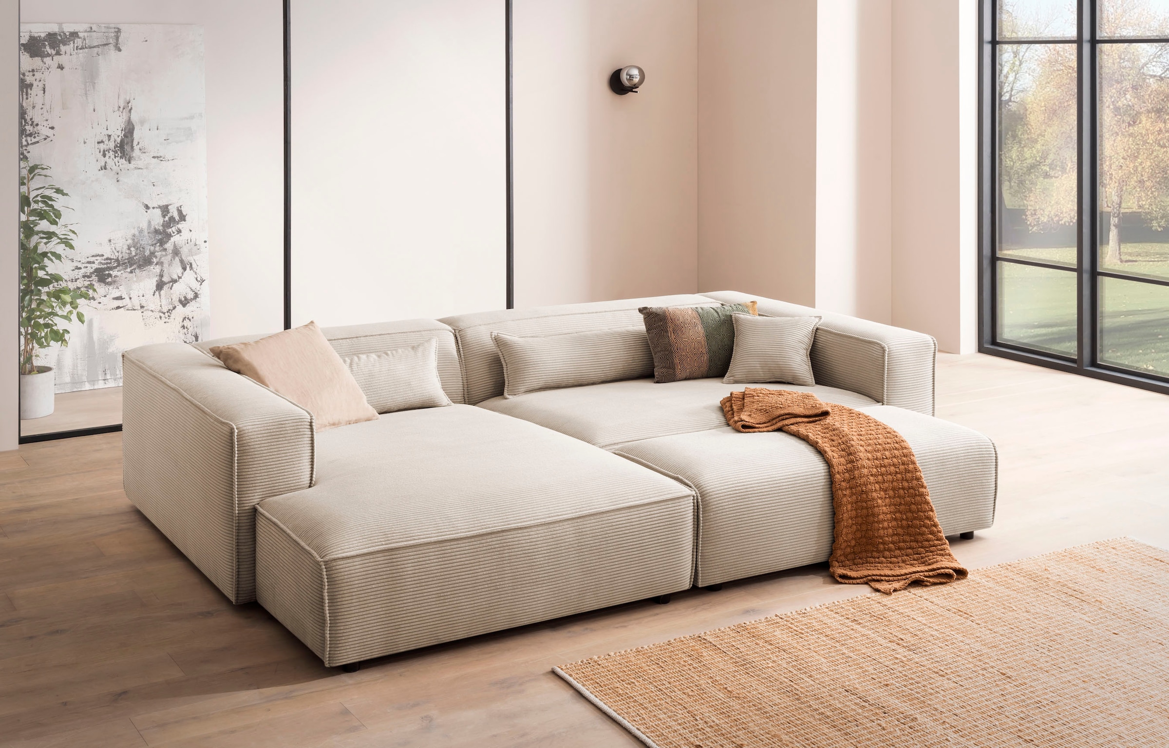 LeGer Home by Lena Gercke Polsterecke »PIARA XXL, L-Form mit Schlaffunktion, Big-Sofa in Cord o. Leinenoptik«, Hocker stellbar zum Schlafsofa (Krokodilverbinder), tiefe Sitzfläche