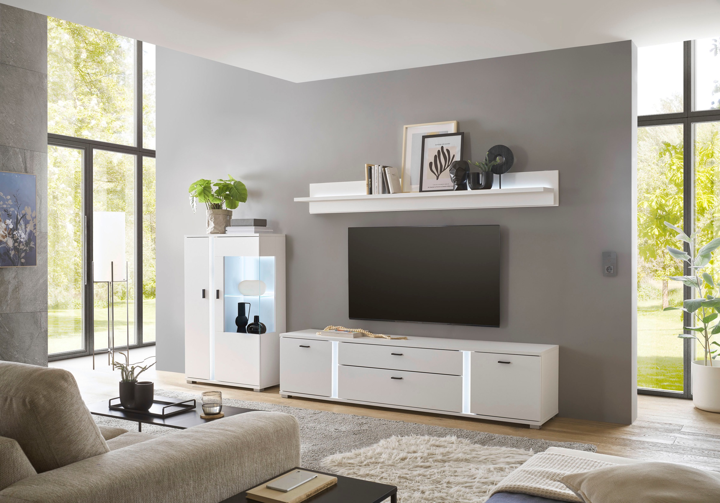 INOSIGN Wohnwand »LONG ISLAND«, (Set, 3 St.), in moderner Trendfarbe,inklusive senkrechter Beleuchtung,Breite 290 cm