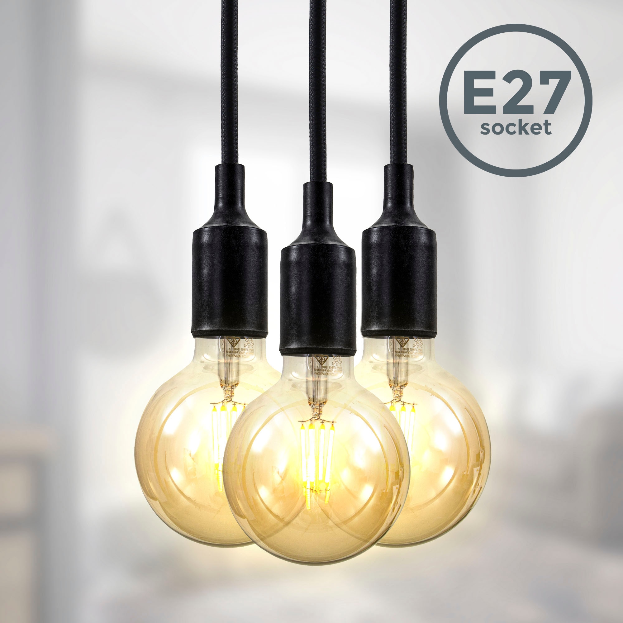 B.K.Licht Pendelleuchte »BK_PL1294 Pendellampe, Schwarz, mit Stoffkabel, Retro«, 3 flammig, Leuchtmittel E27 | ohne Leuchtmittel, 3-flammige Hängeleuchte, E27, Ohne Leuchtmittel, Länge: 2,04 Meter