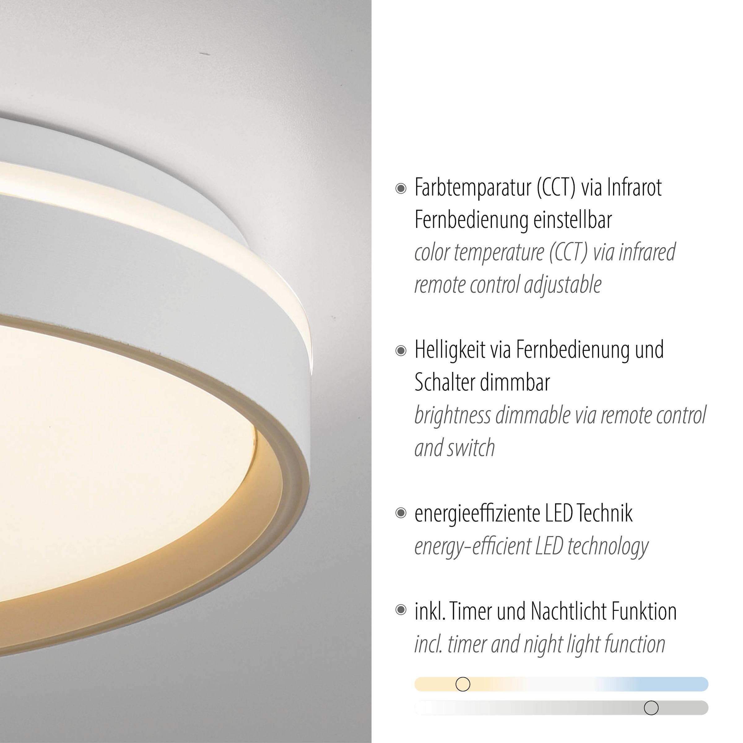 JUST LIGHT LED Deckenleuchte »MIO« LED-Board 1 Stk. warmweiß - kaltweiß CCT-Farbtemperatursteuerung, Infrarot-FB, Stufenlos dimmbar, Memory