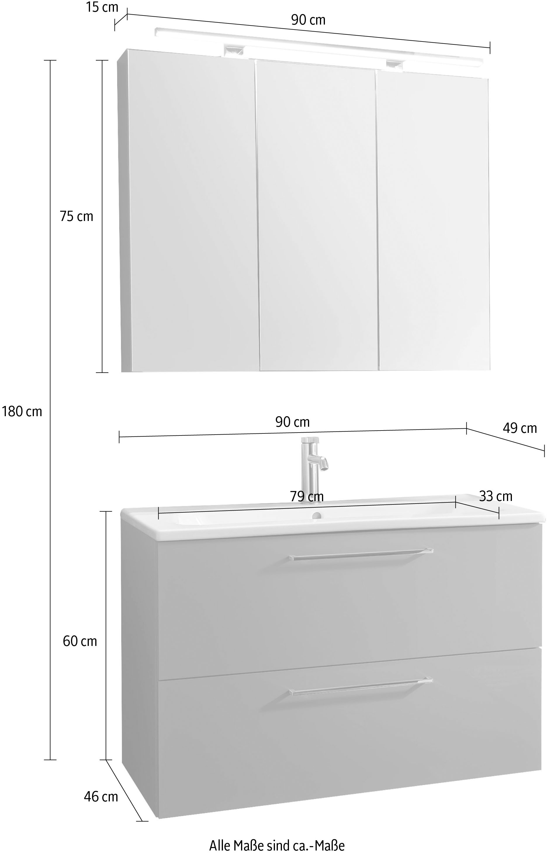 Nolte SPA Badmöbel-Set »Lux - Badmöbel-Set« Komplett-Set, Spiegelschrank, Keramikbecken, Waschtisch 2 Auszüge, LED, erw., li/re, 3 Stk. tlg.
