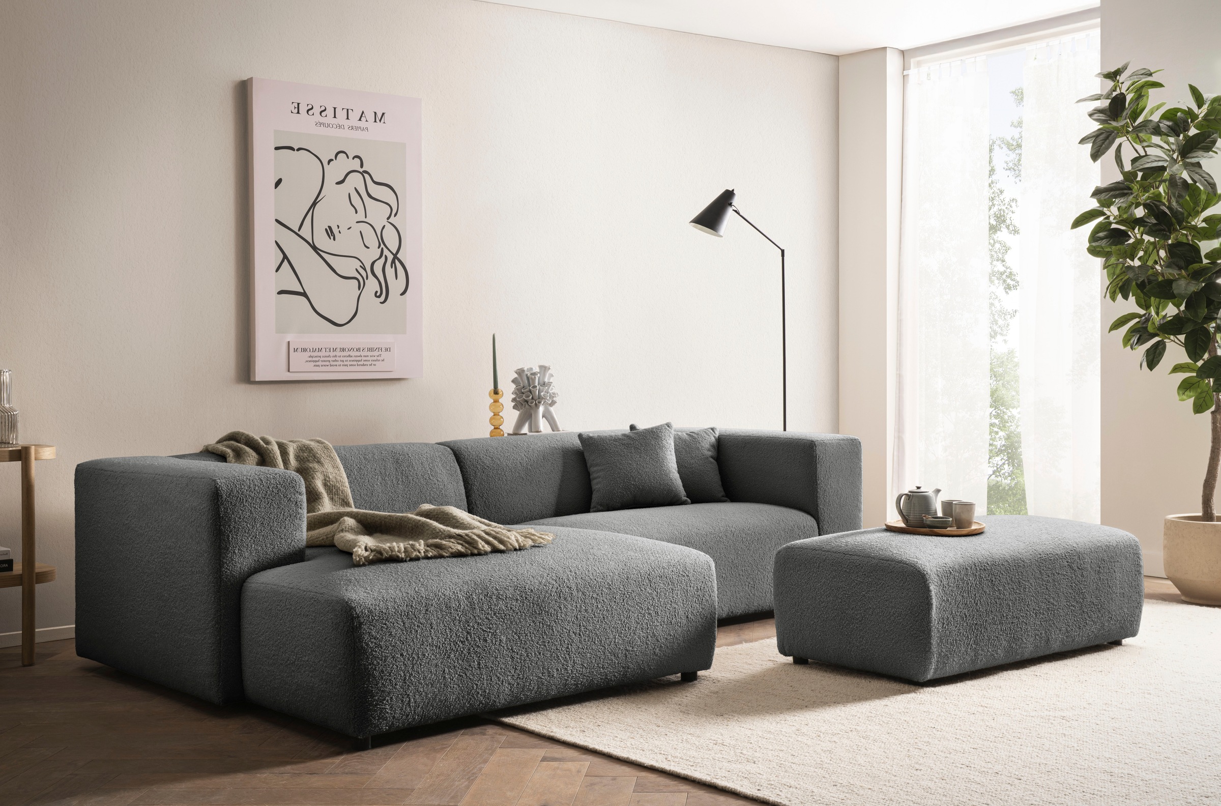 andas Ecksofa »BAKELS, L-Form in Cord oder Boucle-Stoff, moderne Couch«, wahlweise Recamiere rechts/links, bequemer Sitzkomfort