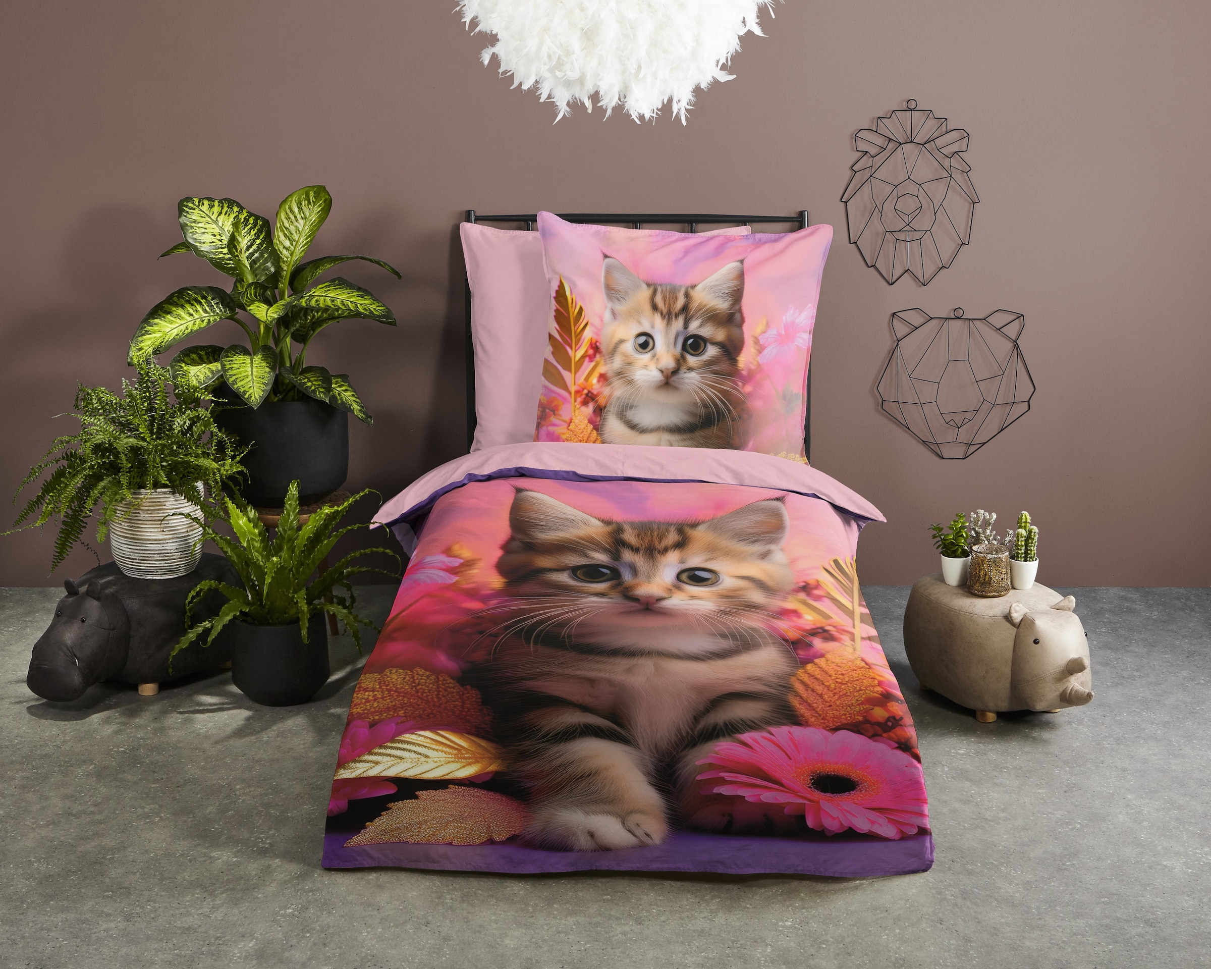 good morning Kinderbettwäsche "Kadi" 2 Baumwolle, Renforcé, 135x200, Wendeoptik, Kind, Mädchen, Katze