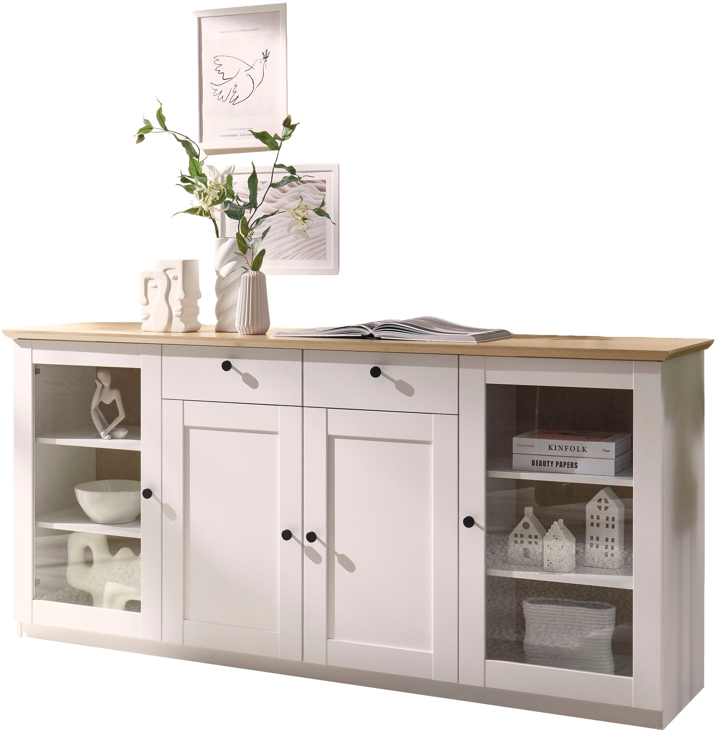 OTTO home Sideboard »Brest, Schrank im Landhausstil, Kommode, zeitloses Stauraumelement« schwarze Metallgriffe, ausreichend Stauraum, Glastüren, 204 cm breit