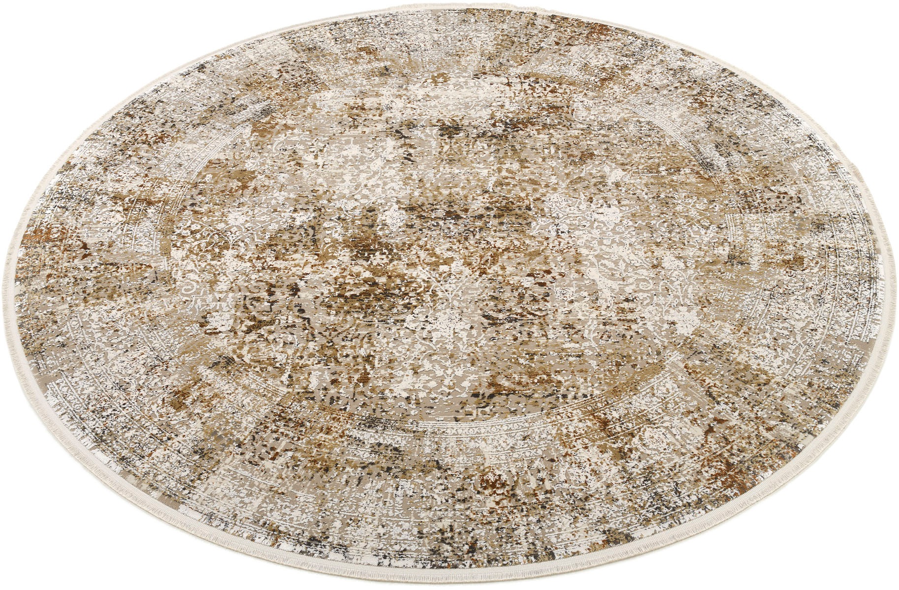 Thumbnail - OCI DIE TEPPICHMARKE Teppich "BESTSELLER CAVA" rund 8 mm Höhe Glanz Viskose, Hoch Tief Struktur, mit Fransen, Wohnzimmer