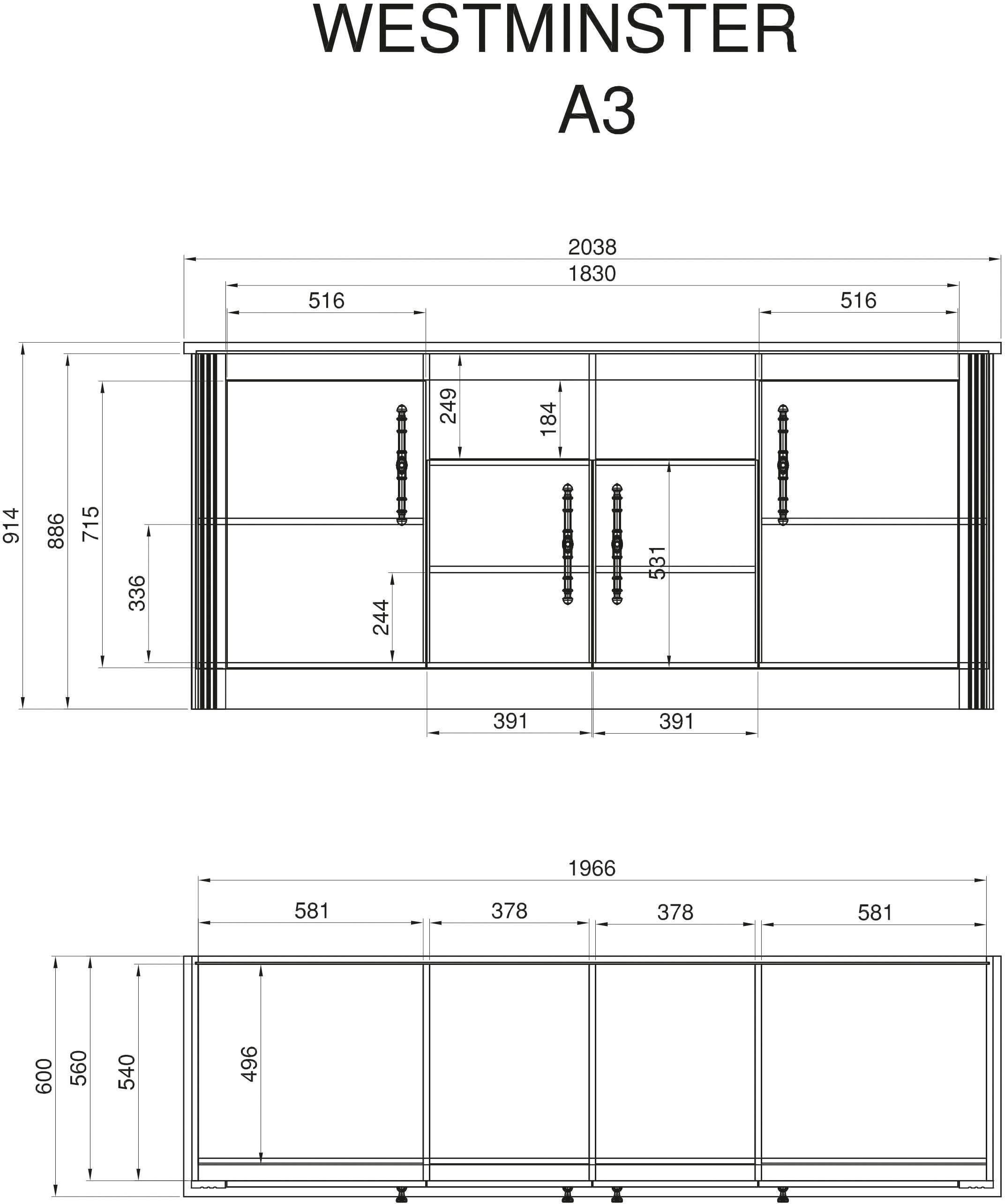 Kochstation Küche »KS-Westminster«, Breite 366 cm, ohne E-Geräte