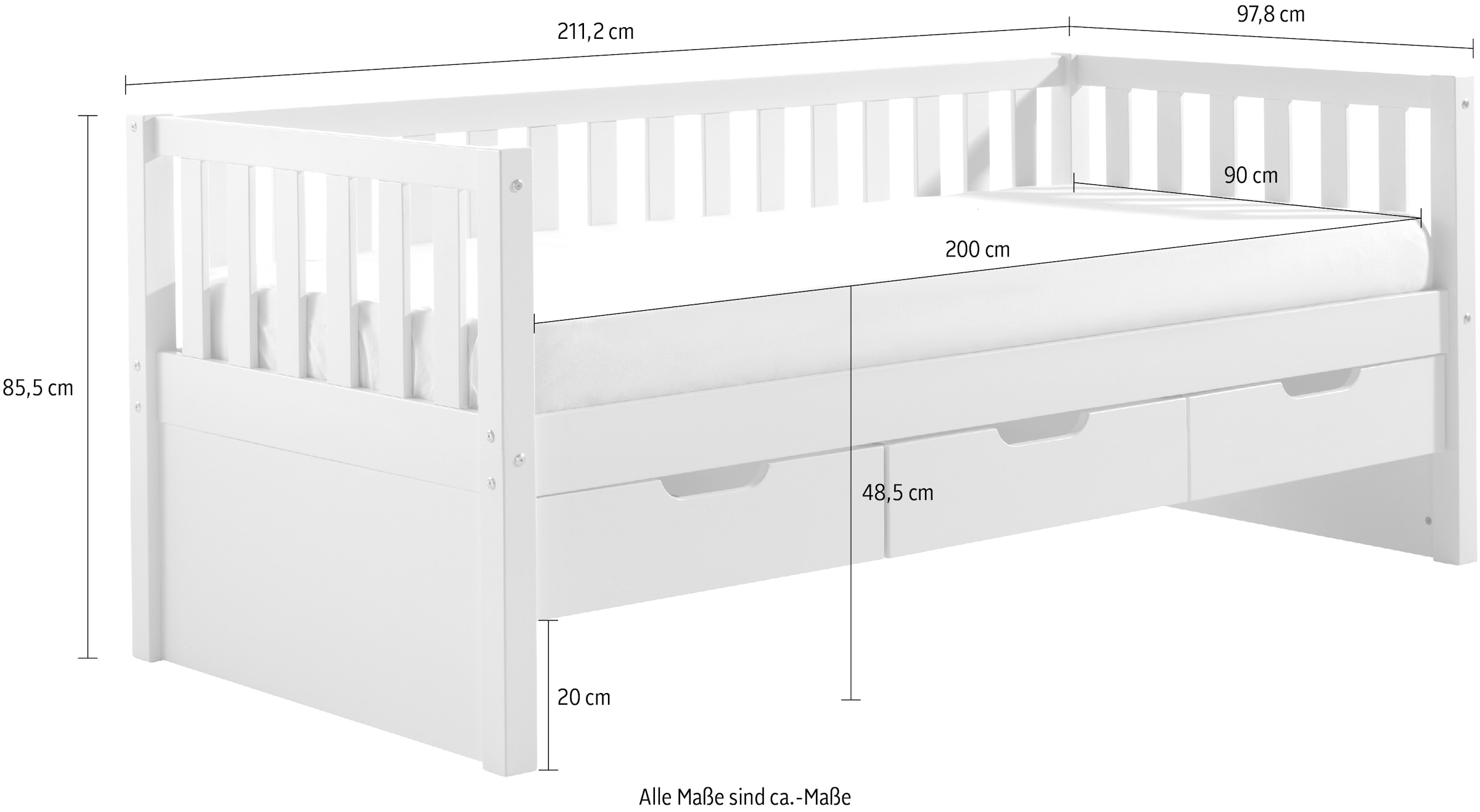 Vipack Einzelbett, Sprossenumrandung, Liegefläche 90x200 cm, in Milky Pine oder Weiß