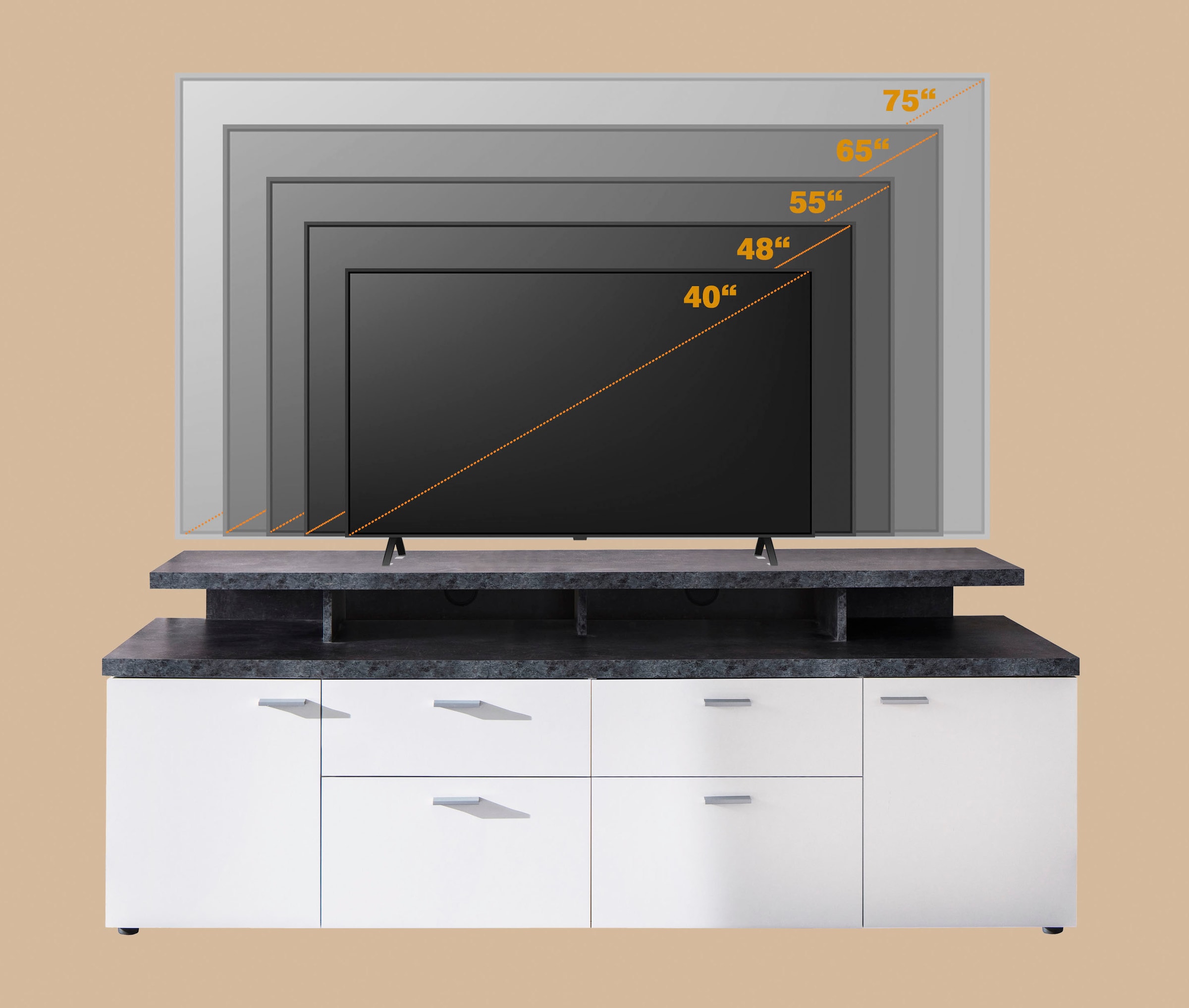 INOSIGN TV-Board »Messina«, (1 St.), TV-Lowboard mit Türen, Schubladen & Fächern - (B/T/H) 180/47/66 cm