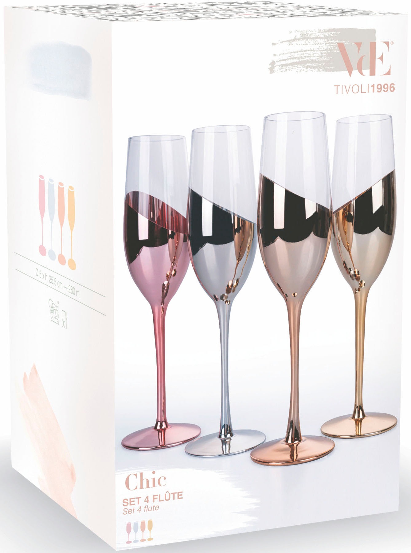 Villa d'Este Sektglas »Chic«, (Set, 4 tlg.), Gläser-Set, Sektflöten, 4-teilig, Inhalt 280 ml