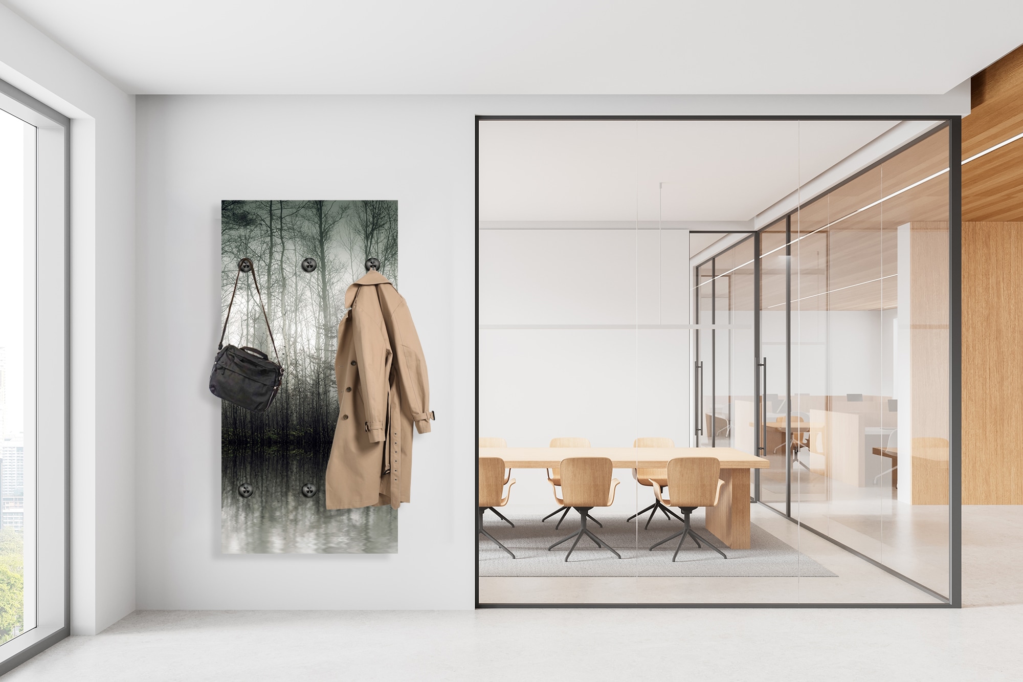 queence Wandgarderobe »Nebeliger Wald« 1 Stk. tlg. Wandpaneel aus Acrylglas inkl. 6 Edelstahlhaken in schwarz matt