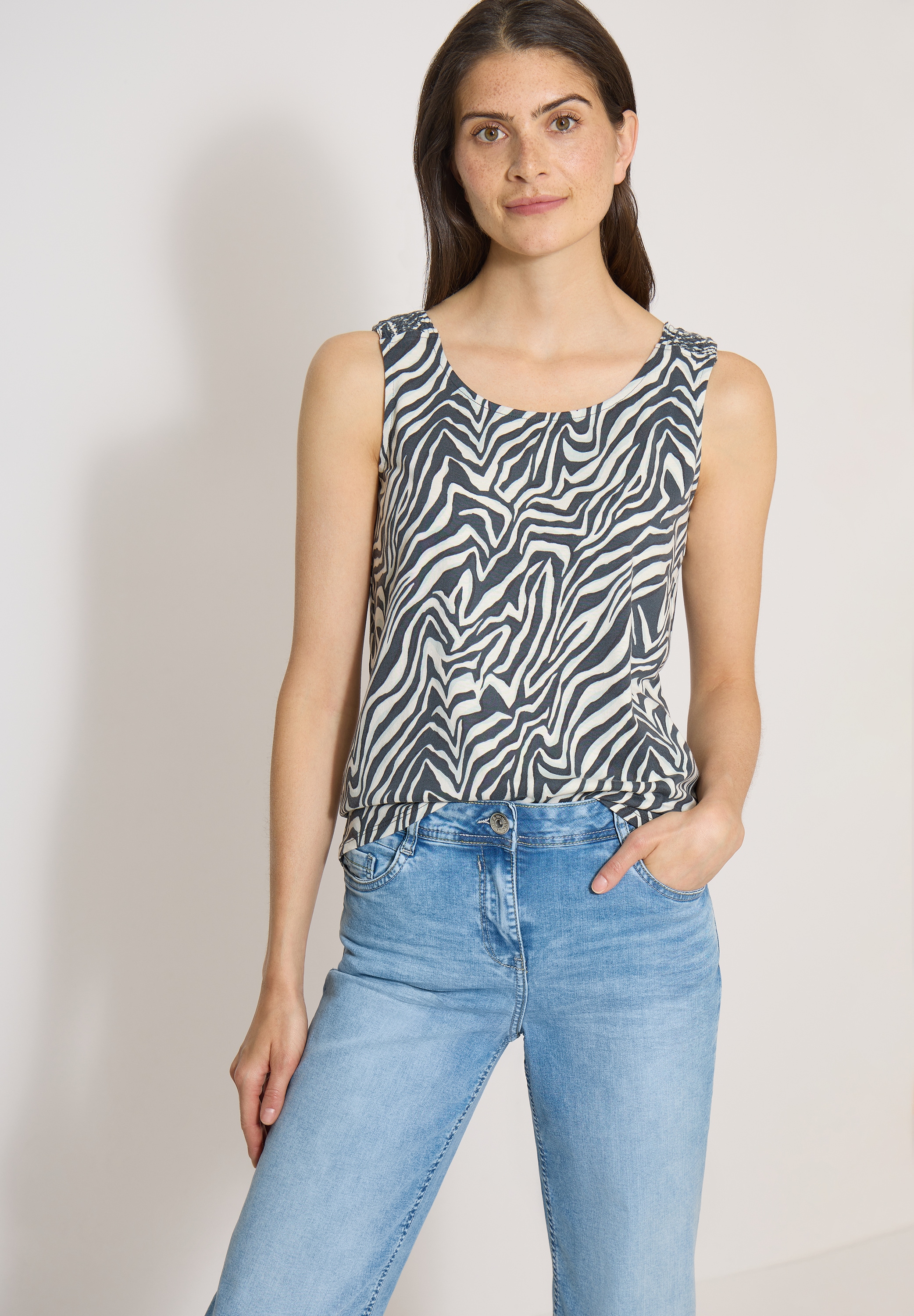 Cecil Shirttop Sommertop, Baumwolle, mit Smokdetail