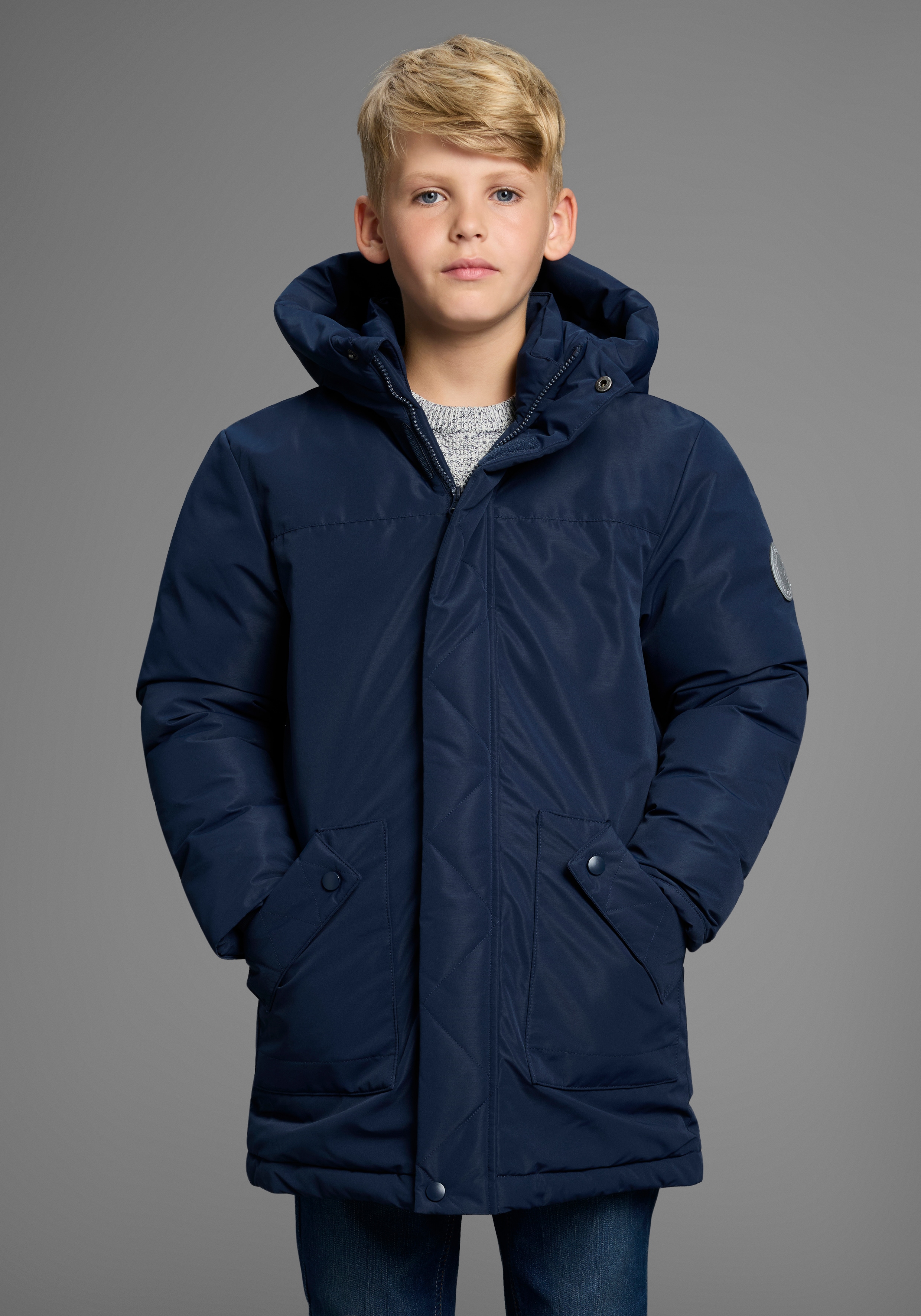 KangaROOS Outdoorjacke "Winterwarme Jacke" mit Kapuze Lange Winterjacke mit reflektierenden Details
