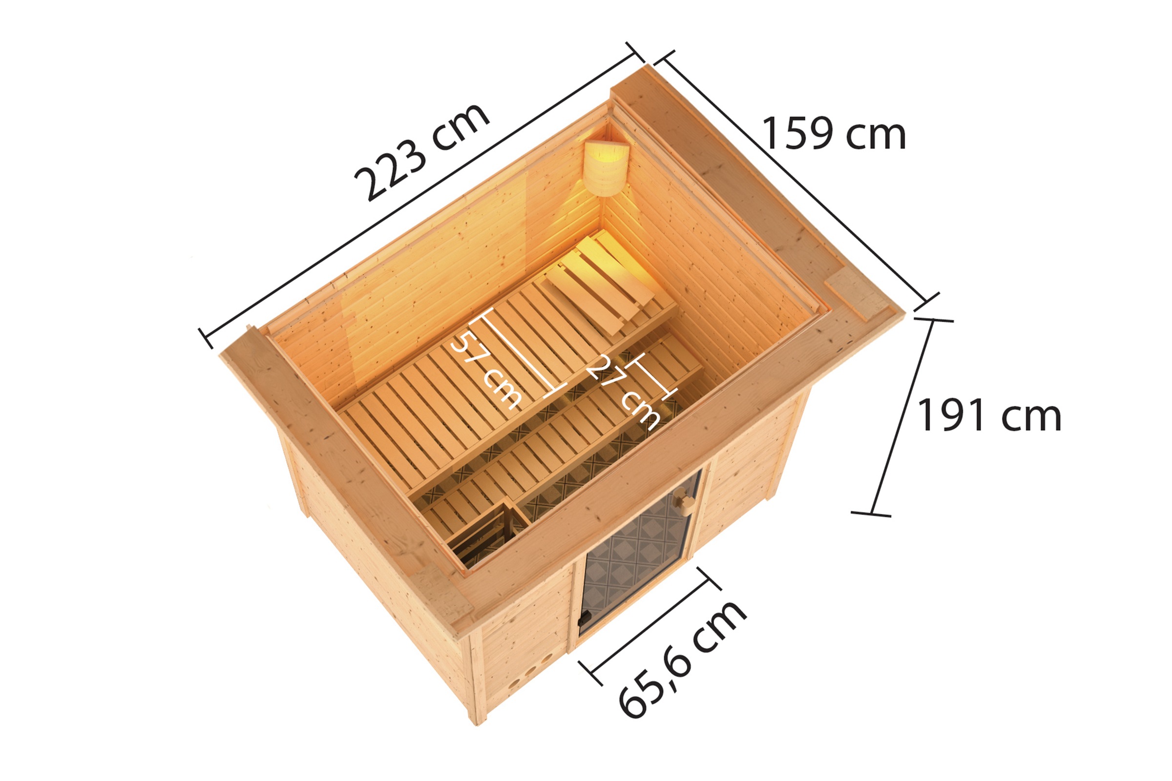 Karibu Sauna »"Sunie" mit bronzierter Tür und Kranz, naturbelassen, mit Ofen 9 kW« aus hochwertiger nordischer Fichte