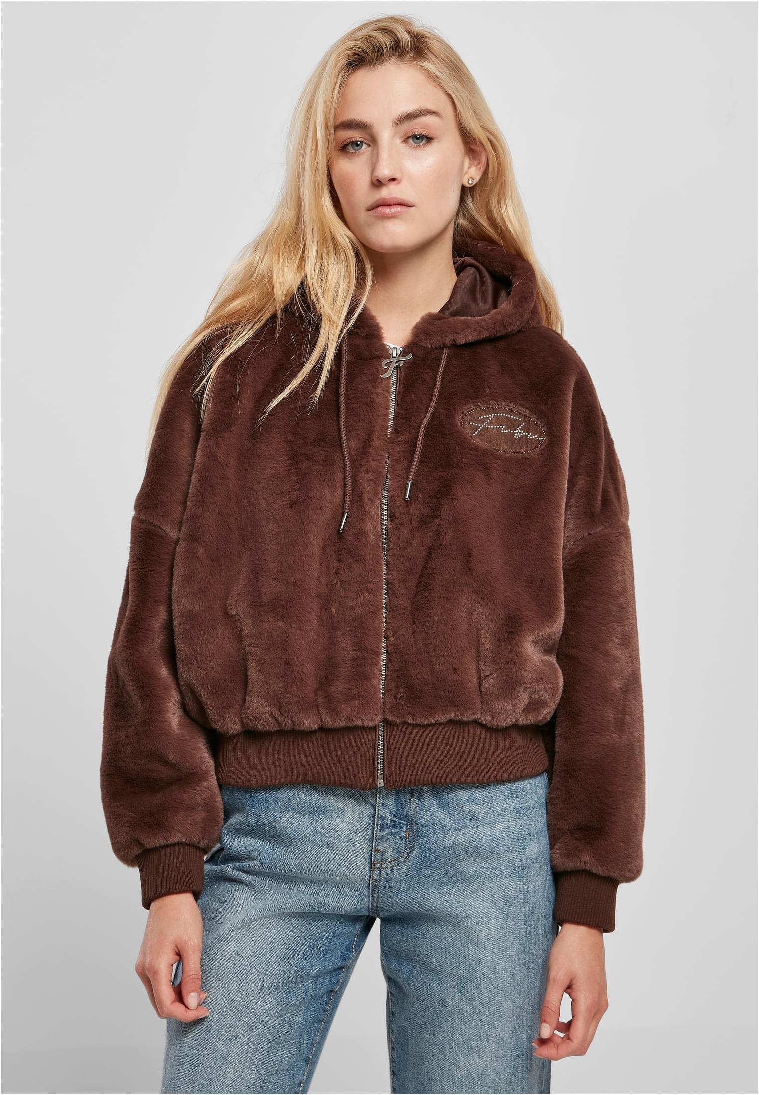 Fubu Collegejacke "Fubu Damen FW224-022-1 Signature Rhinestone Fur Jacket brown", (1 St.), mit Kapuze