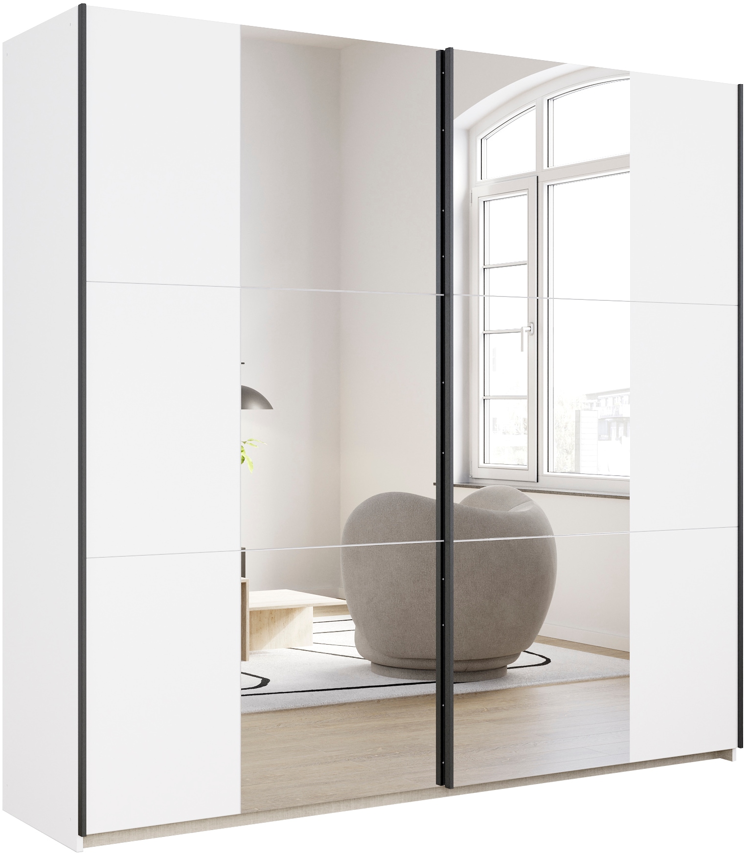 rauch Schwebetürenschrank "Kleiderschrank Drehtürenschrank Schrank Garderobe KRONACH" in 3 Ausstattungen BASIC/CLASSIC/PREMIUM, Breiten 131/175/218/261 cm, optional ohne, mit 1 oder 2 Spiegel, viel Stauraum MADE IN GERMANY