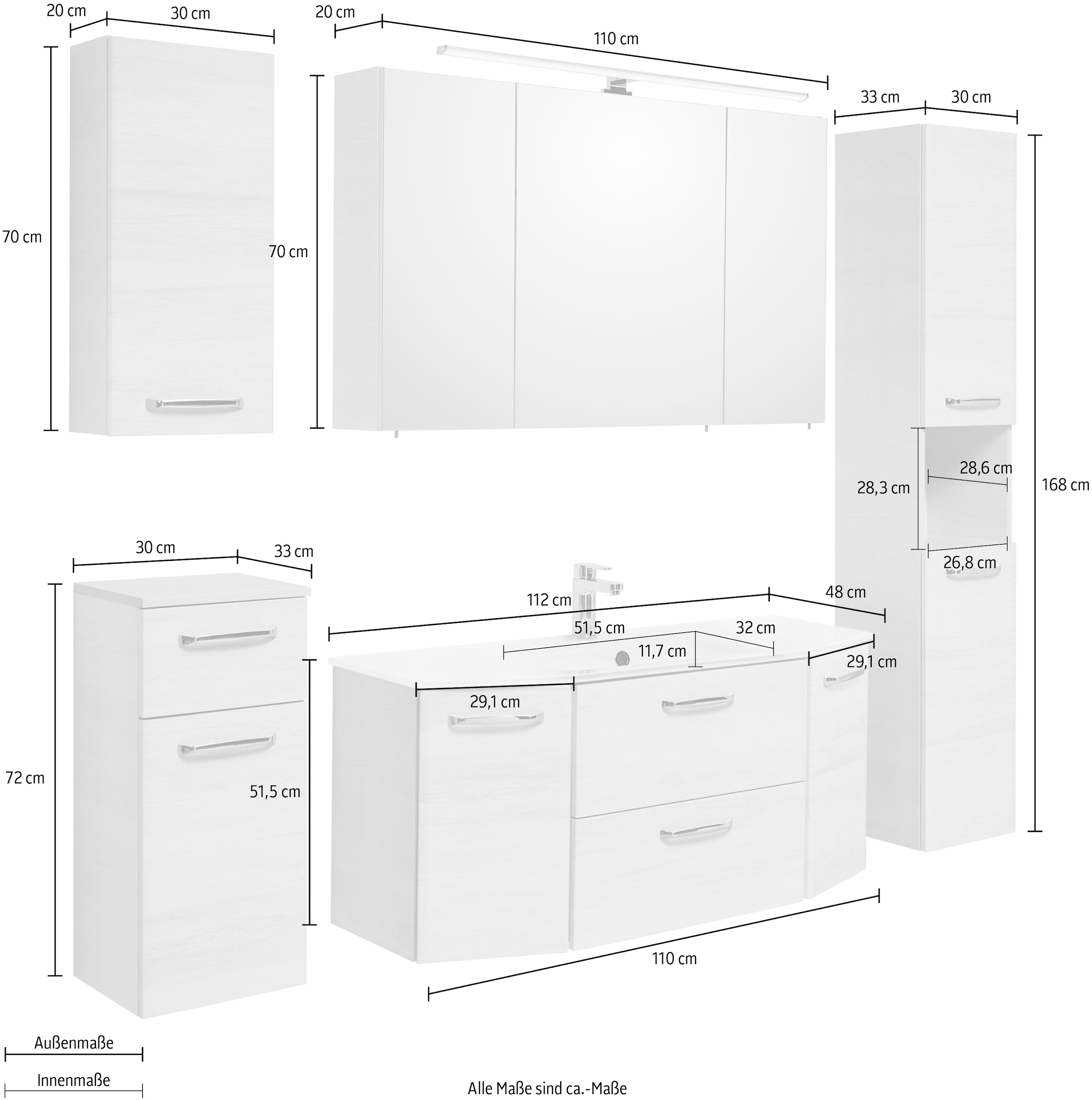 Saphir Badmöbel-Set »Quickset 936 5-teilig, Keramik-Waschtisch mit LED-Spiegelschrank«, (Set, 5 St.), Waschplatz, inkl. Türdämpfer, 9 Türen, 1 Klappe, Griffe Chrom Glanz