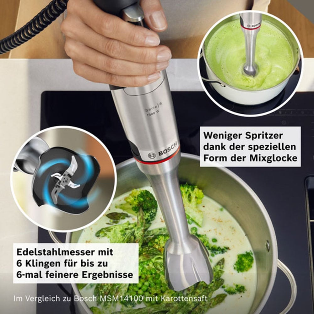 BOSCH Stabmixer »ErgoMaster Serie 8, MSM8M934, Doppelschneebesen, Becher, Zerkleinerer« 1500 W 6 Klingen Edelstahl, Spiralkabel, Keramikkupplung, luftgekühlter Motor