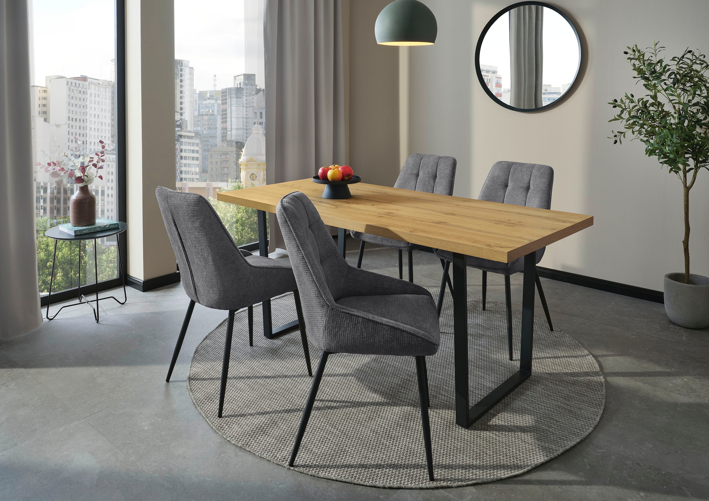 Essgruppetisch wildeiche, stühle anthrazit, JOCKENHÖFER GRUPPE, Sitzmöbel-Sets, "ROGER, Sitzgruppe, Esstisch 160 cm, 4 Stühle", Tischplatte