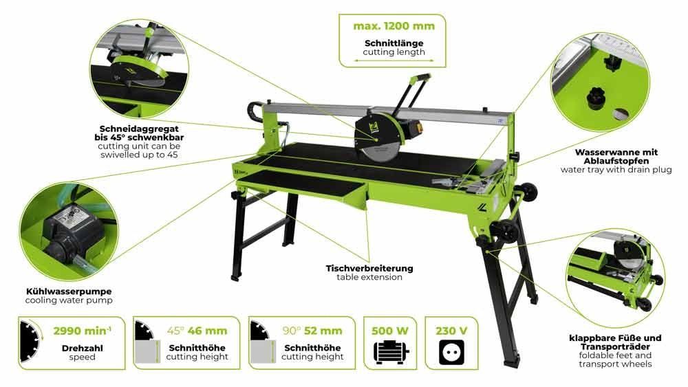 ZIPPER Fliesenschneidemaschine, Schneidaggregat bis 45° schwenkbar