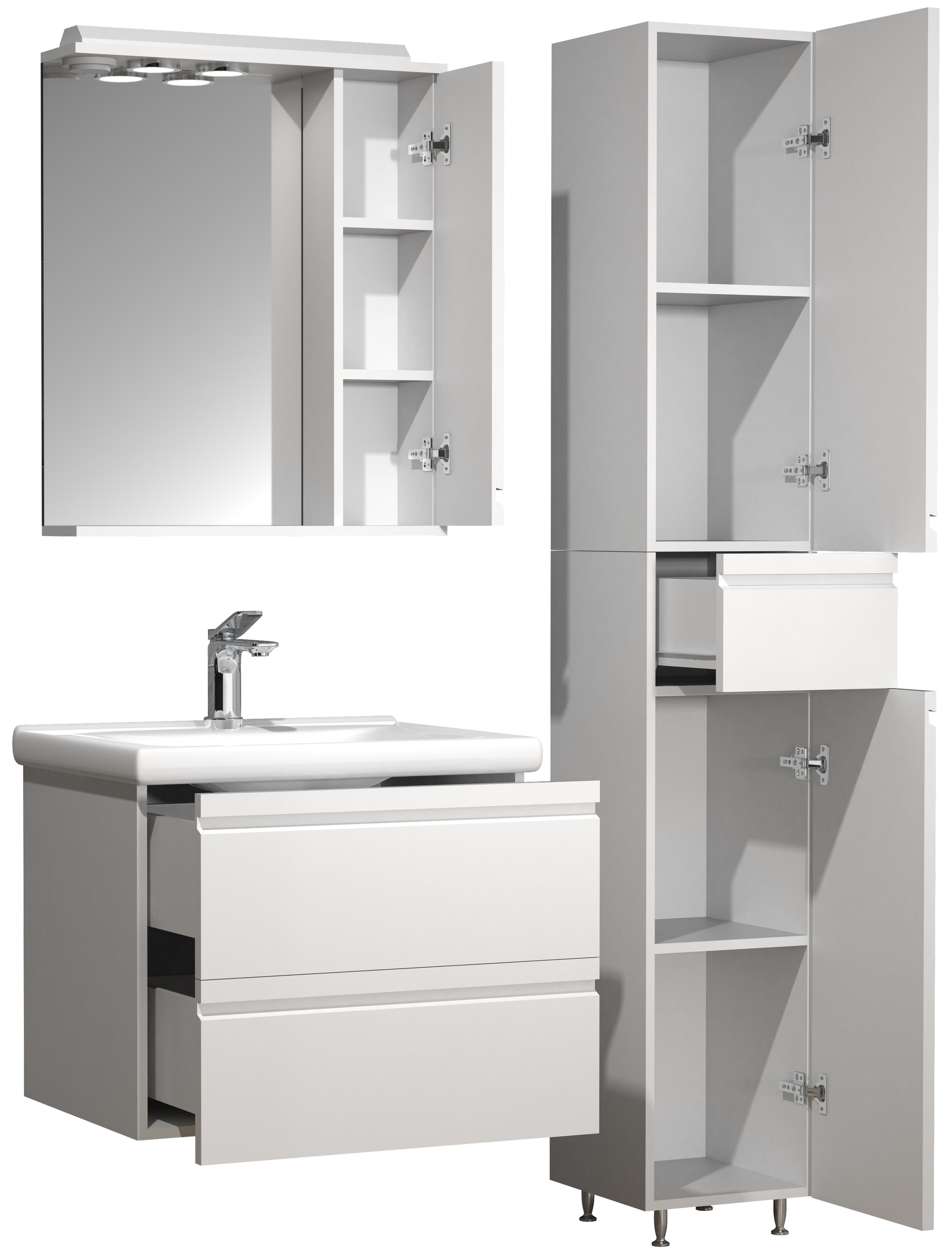 VCM Waschbeckenunterschrank »VCM 4-tlg. Waschplatz Waschtisch 60 cm Badmöbel Set Waschbecken grifflose Schublade Spiegelschrank Hochschrank Silora L«, (4 St.)