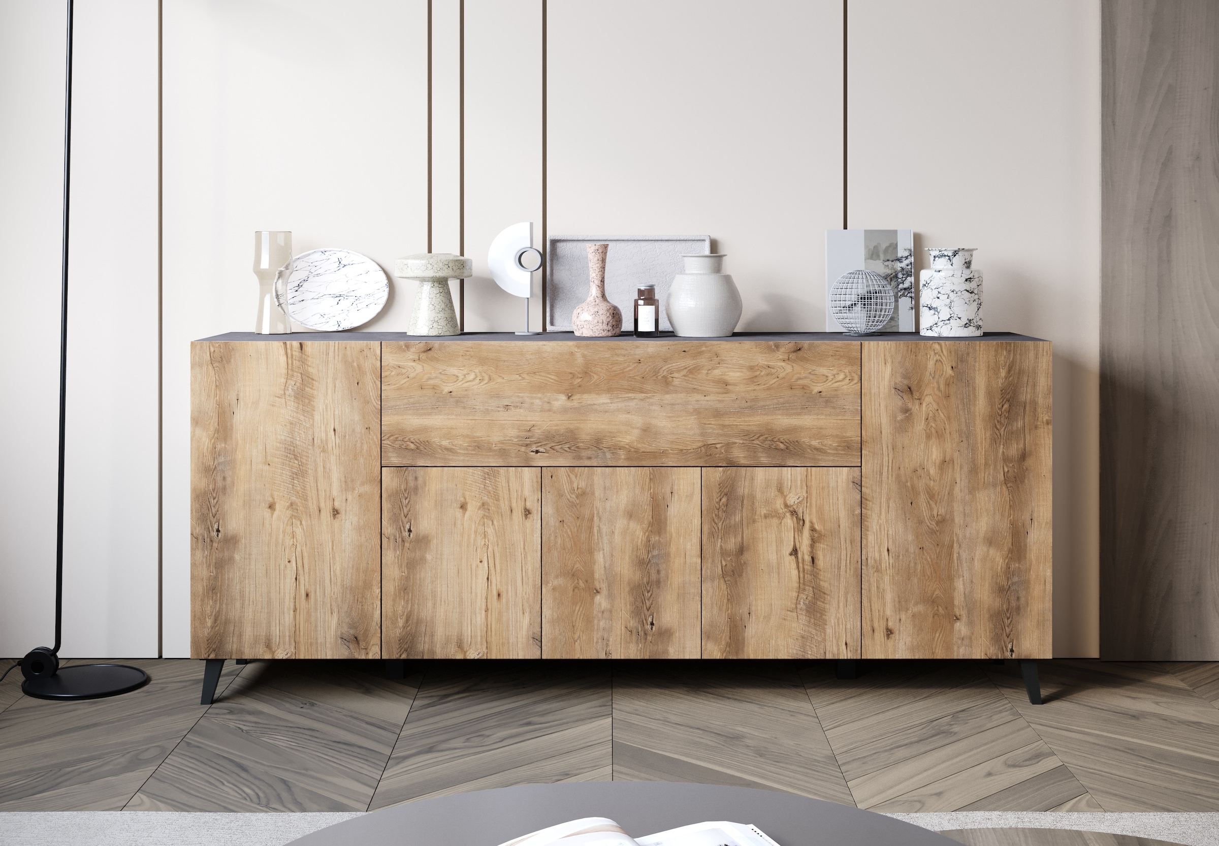 Home affaire Sideboard »SIDEBOARD PHUKET II, Stilvolle, grifflose kommode, Breite 180cm« Mit 5 Türen, 1 Klappe, 7 Fächern und höhenverstellbaren Einlegeböden