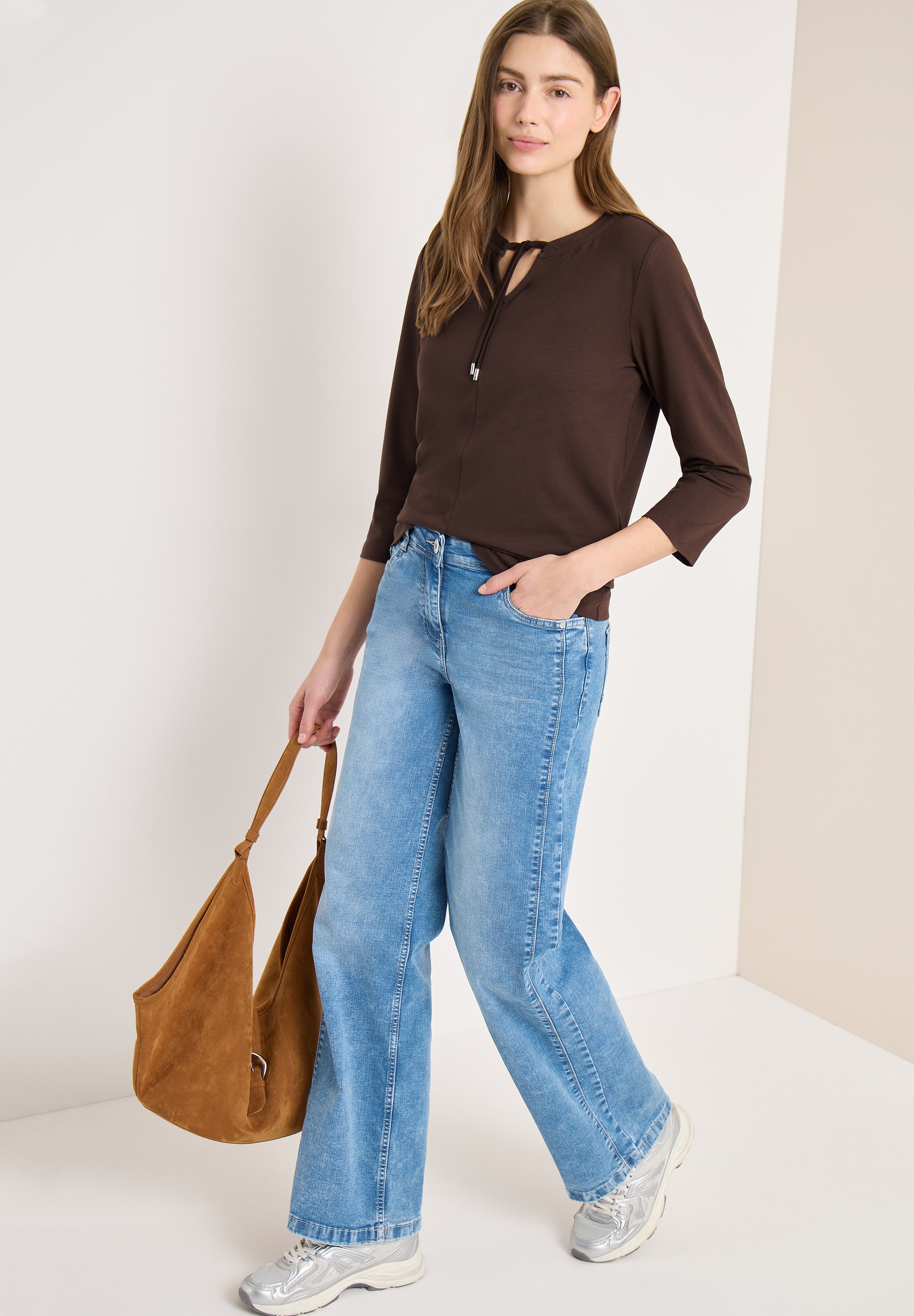 3/4-Arm-Shirt CECIL, Damen, Gr. L (42), macchiato braun, Jersey, Obermaterial: 48% Baumwolle, 48% Modal, 4% Elasthan, unifarben, lässig geschnitten hüftbedeckend, Rundhals, Shirts 3/4-Arm-Shirt, Sommershirt im Tunika-Look 3