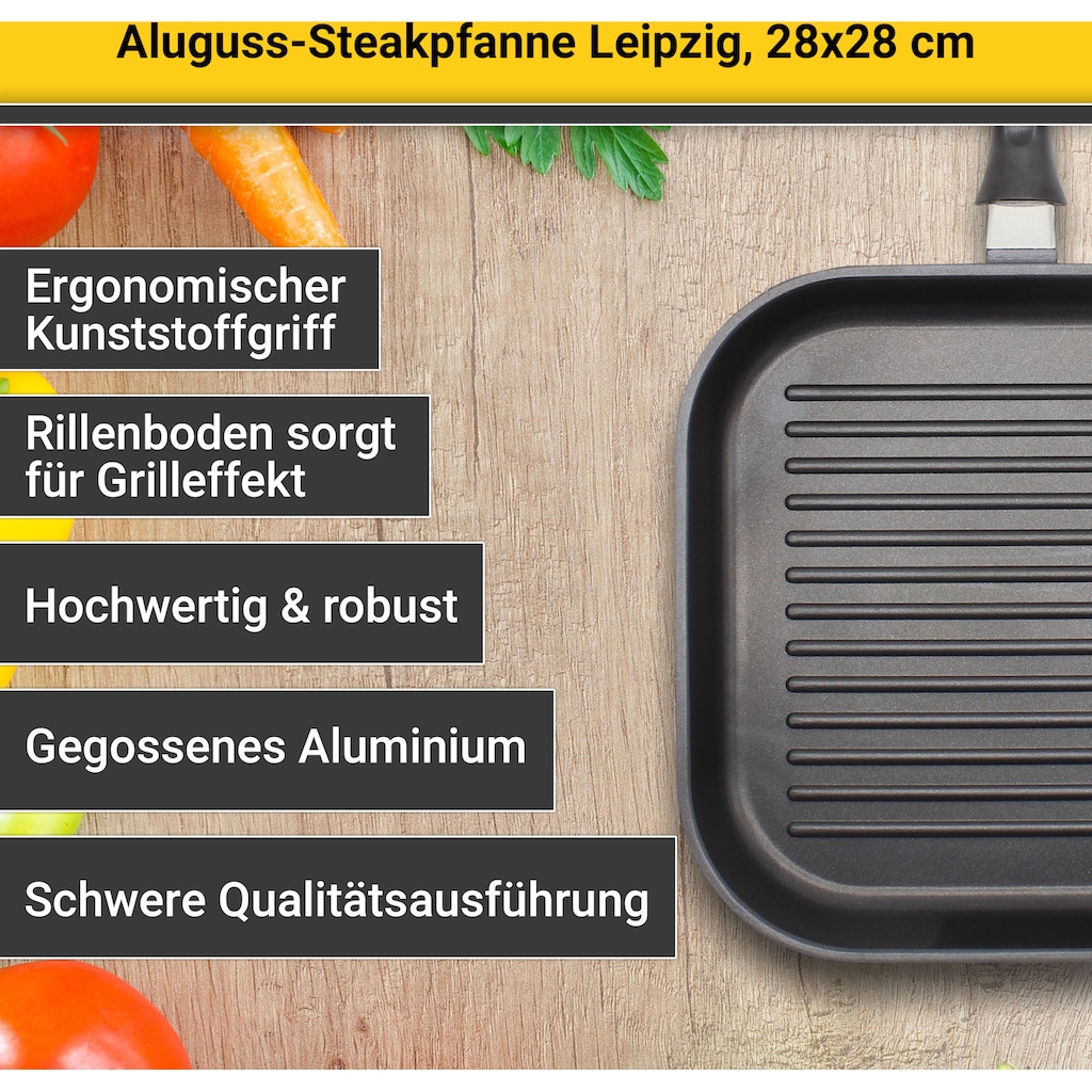 Krüger Steakpfanne »Aluguss Grill-/ Steakpfanne LEIPZIG, 28 x 28 cm«, Aluminiumguss, (1 tlg.), hochwertige Antihaft-Versiegelung