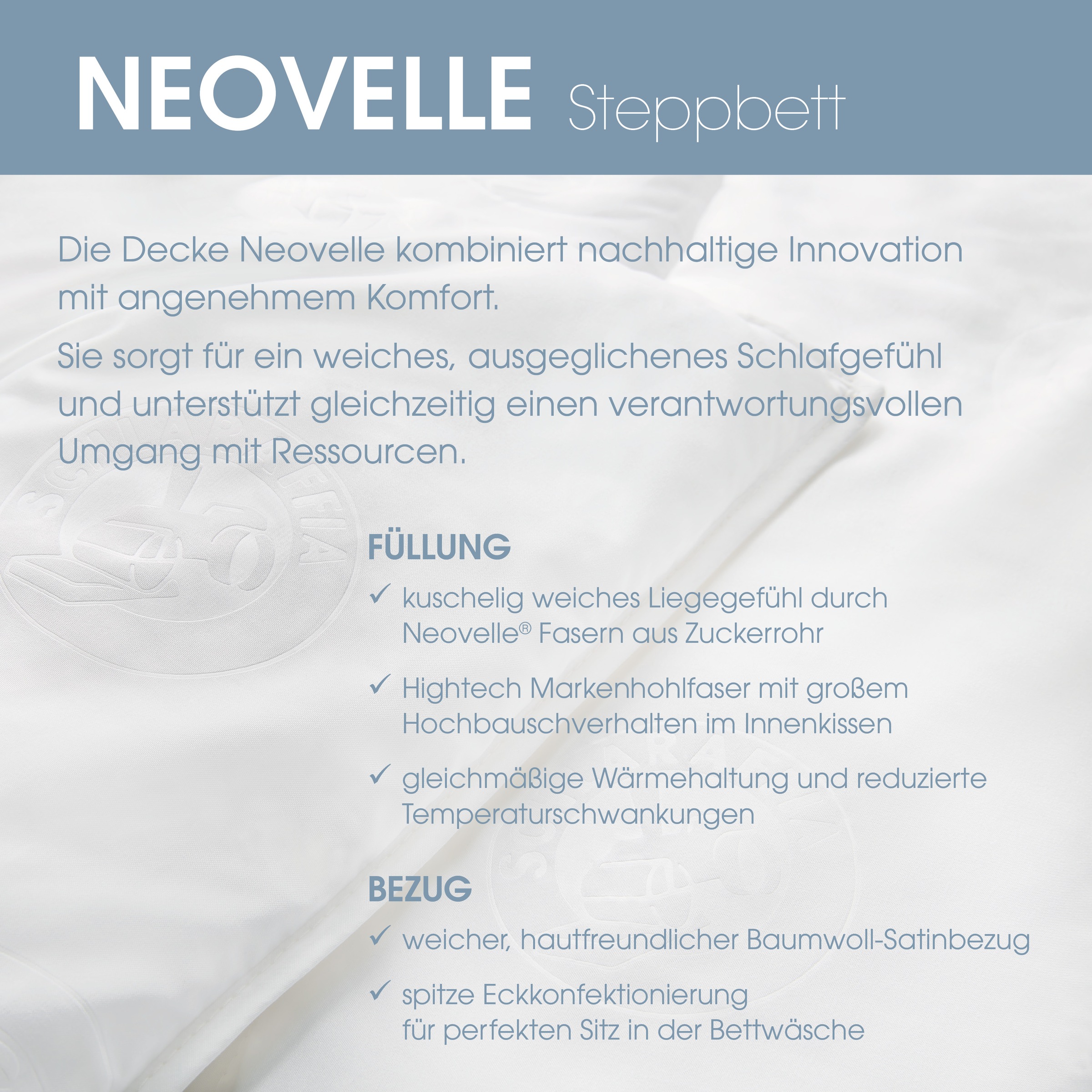 Schlaraffia Kunstfaserbettdecke »Neovelle« leicht Füllung Die Füllung aus Neovelle® Faser – 100 % Polylactid auf Basis von Zuckerrohr 1 Stk. tlg.