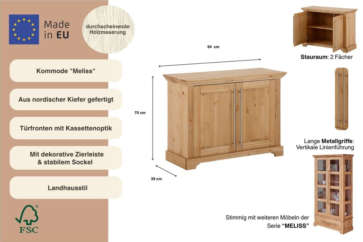 Home affaire Sideboard »Meliss« Kommode im klassischen Landhausstil, Massivholz, FSC®, Breite 94 cm