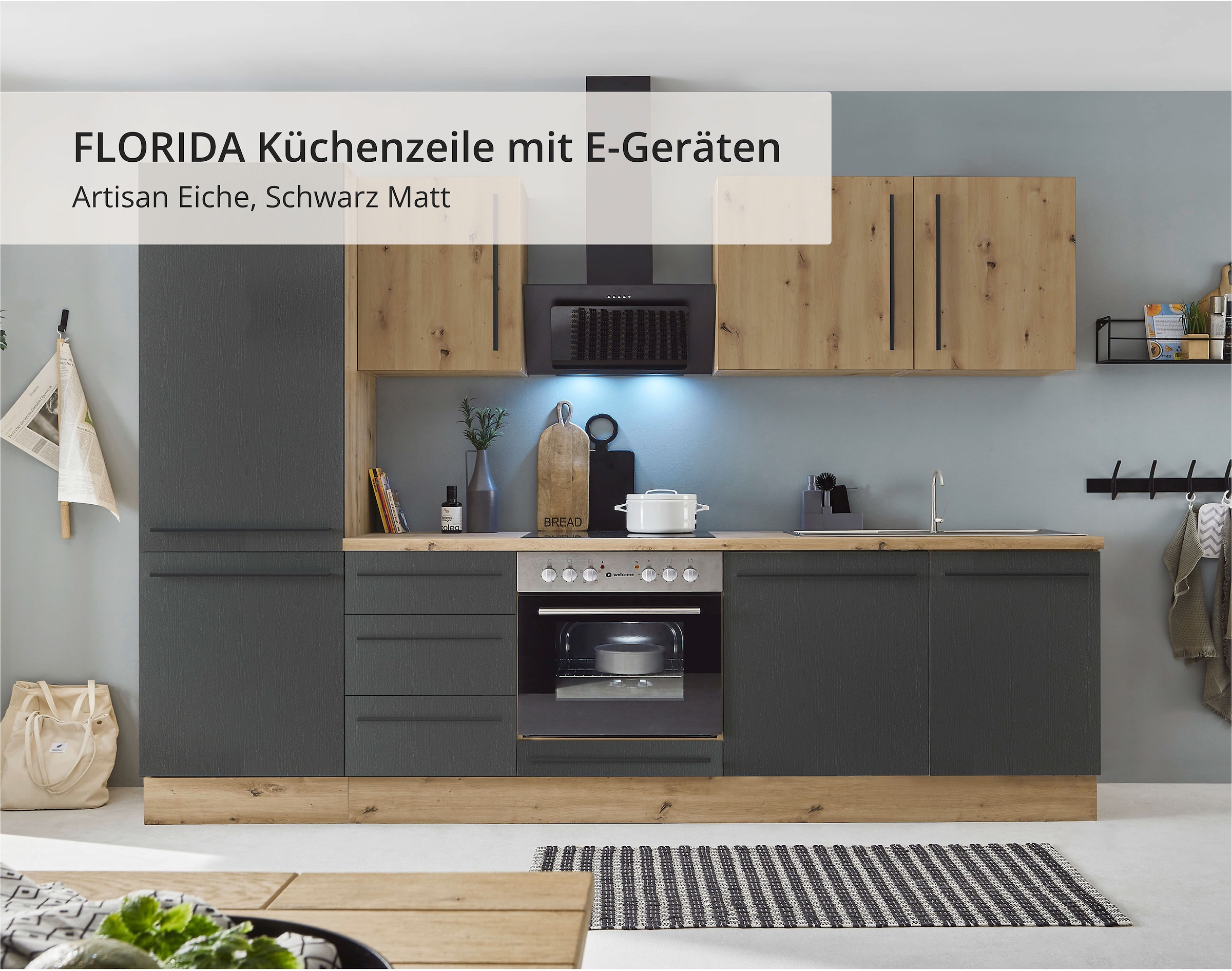 KOCHSTATION Küchenzeile »KS-Florida mit 38mm starker Arbeitsplatte«, Breite 280 cm, wahlweise mit E-Geräten, Soft-Close-Funktion