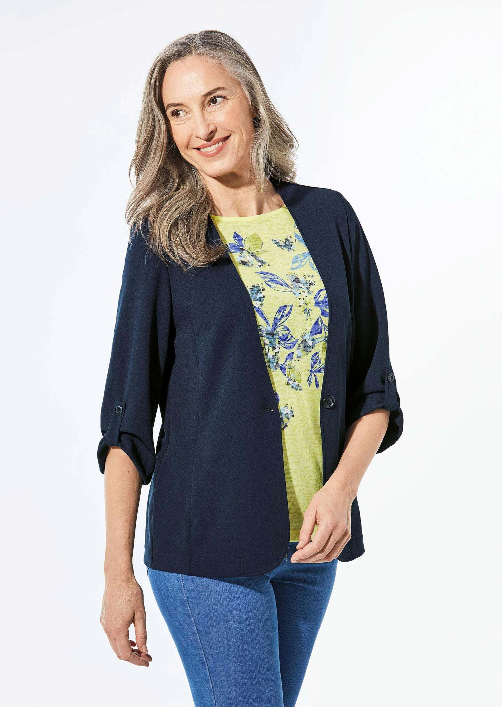 Thumbnail - GOLDNER Jackenblazer "Kurzgröße Blazer mit Cardiganausschnitt" Ärmelsaum wird durchgeknöpften Riegel hochgerafft