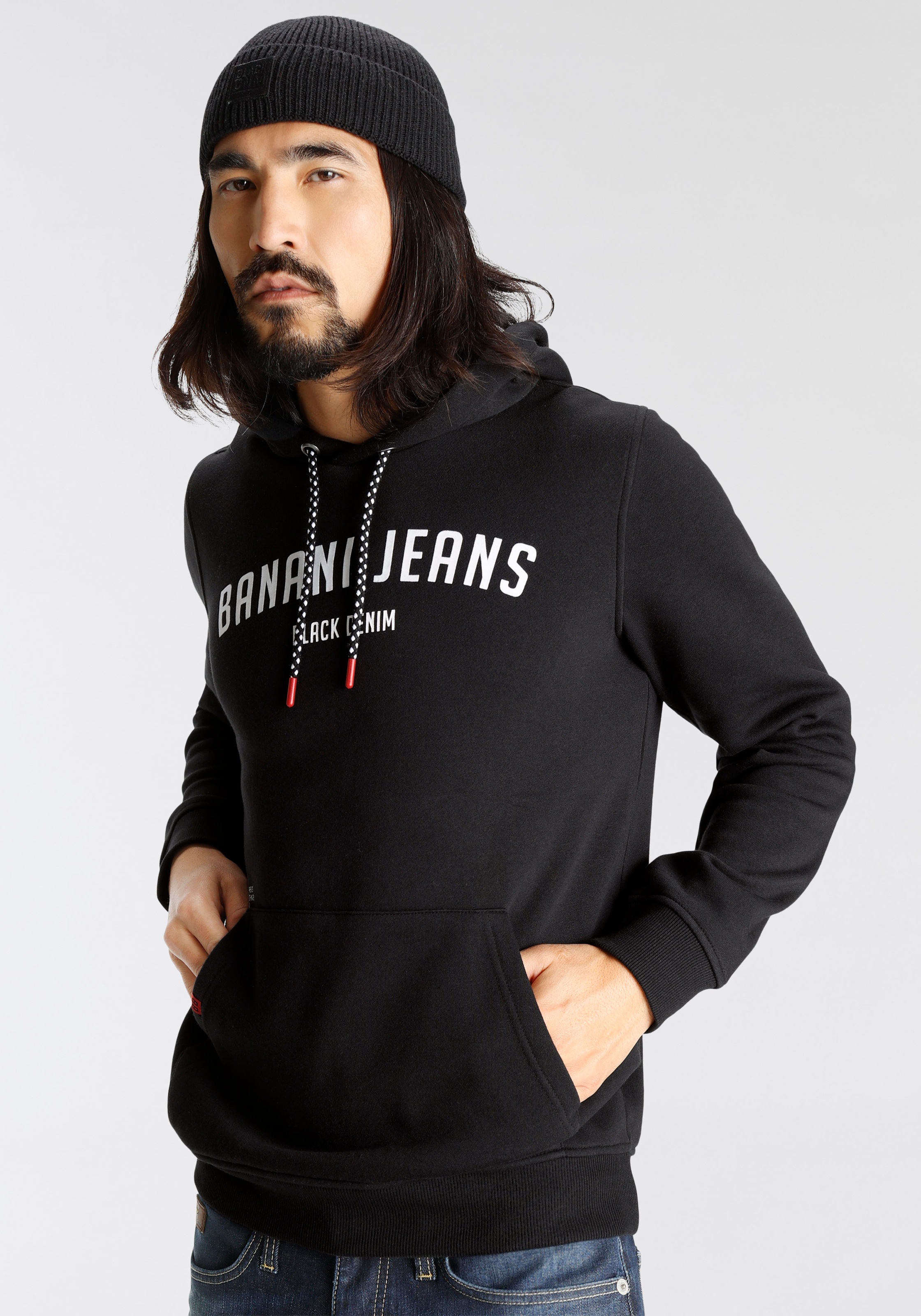 Bruno Banani Kapuzensweatshirt »Bruno Banani Sweatshirt Denim« Mit rotem Markenlabel an Kängurutasche