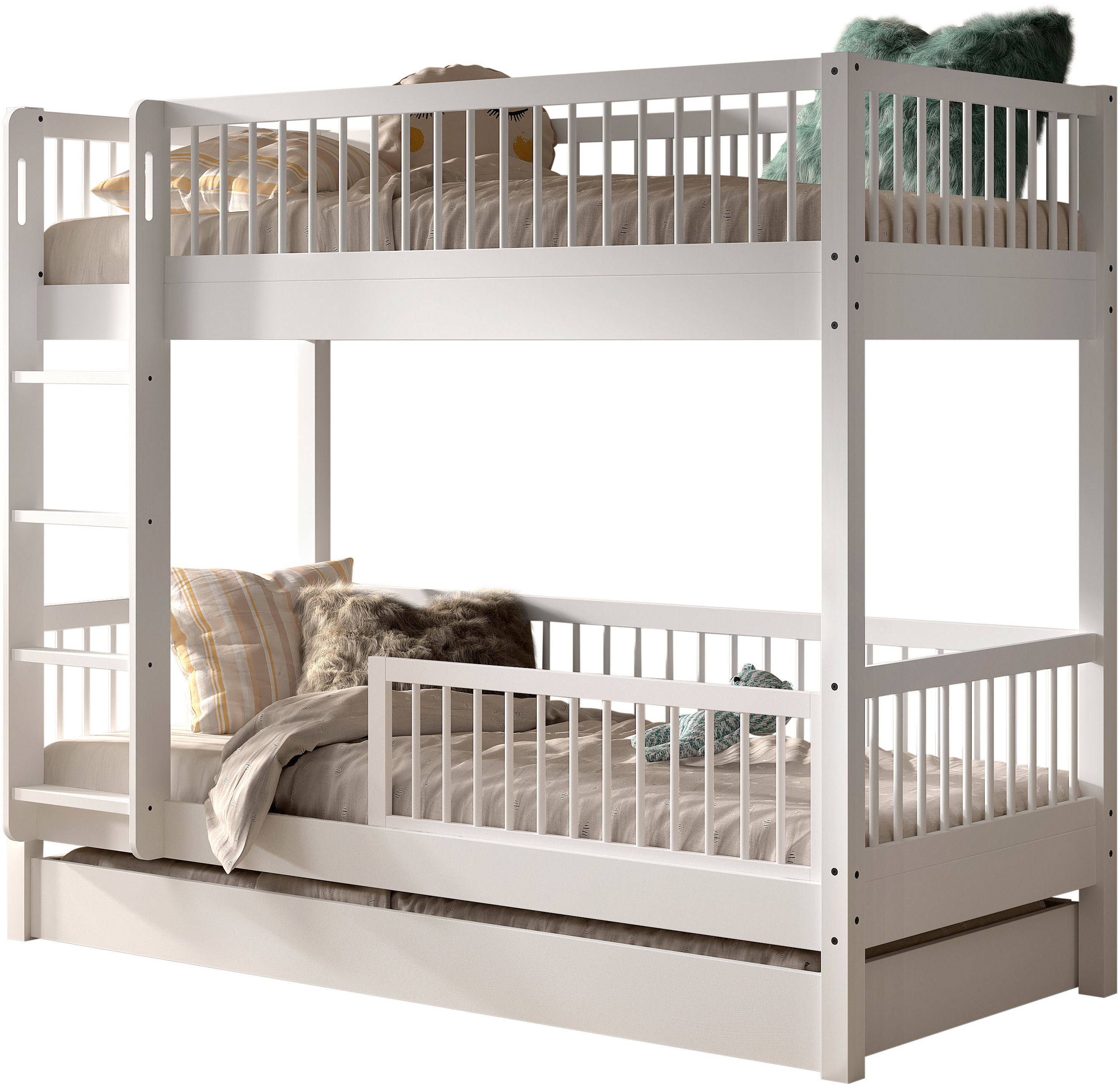 Vipack Etagenbett "Buche massiv weiß, Made in Europe, langlebige Qualität" B/H/T ca. 208x176x98cm, Schublade+unterer Rausfallschutz optional, 2 Lattenroste, wahlweise mit oder ohne Bettschublade und Absturzschutz