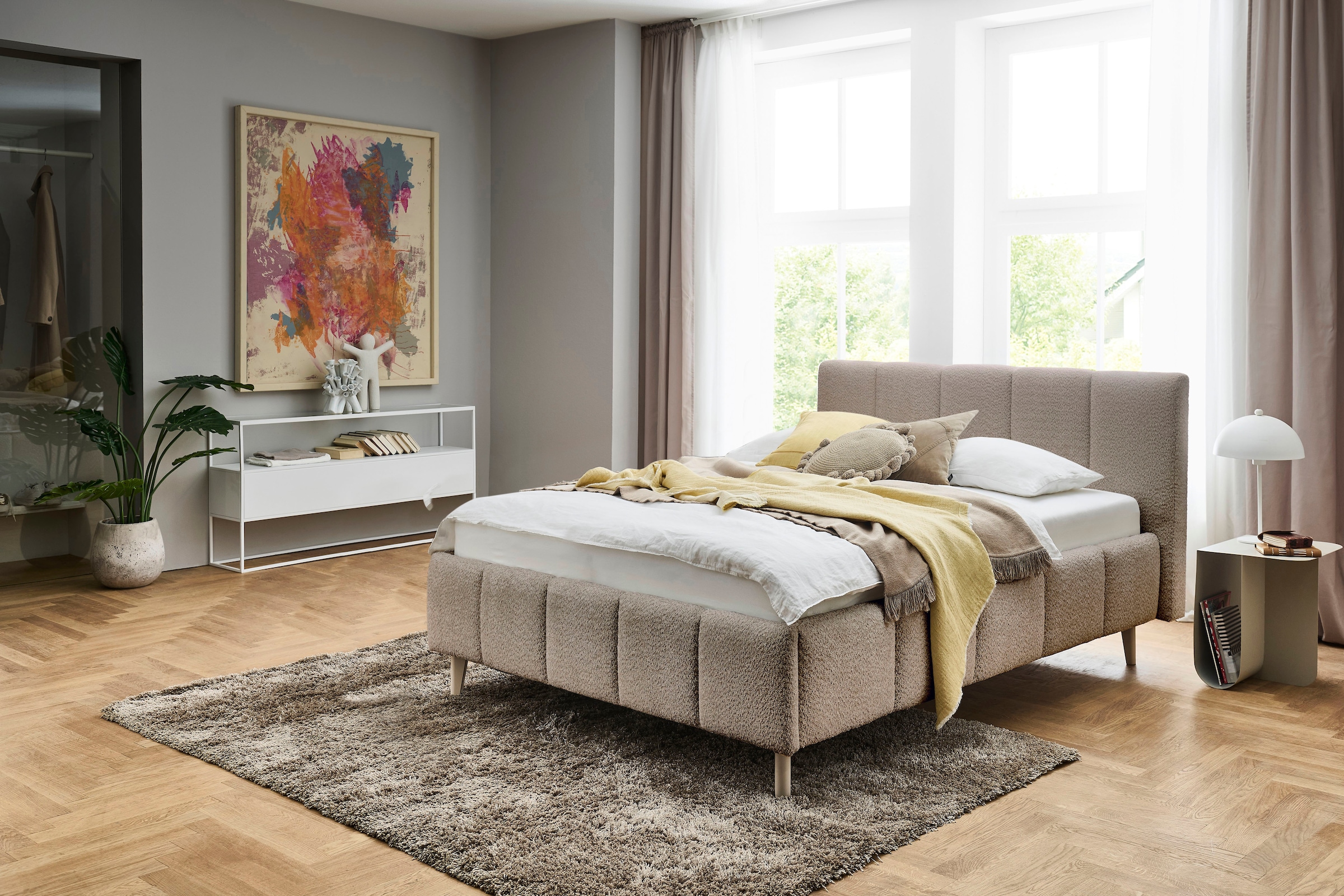 Polsterbett MEISE.MÖBEL, B:165cm H:104cm L:220cm, beige, Betten, "ALVA wahlweise mit Lattenrost, Breiten: 140, 160 & 180cm", Fußfarbe: sand