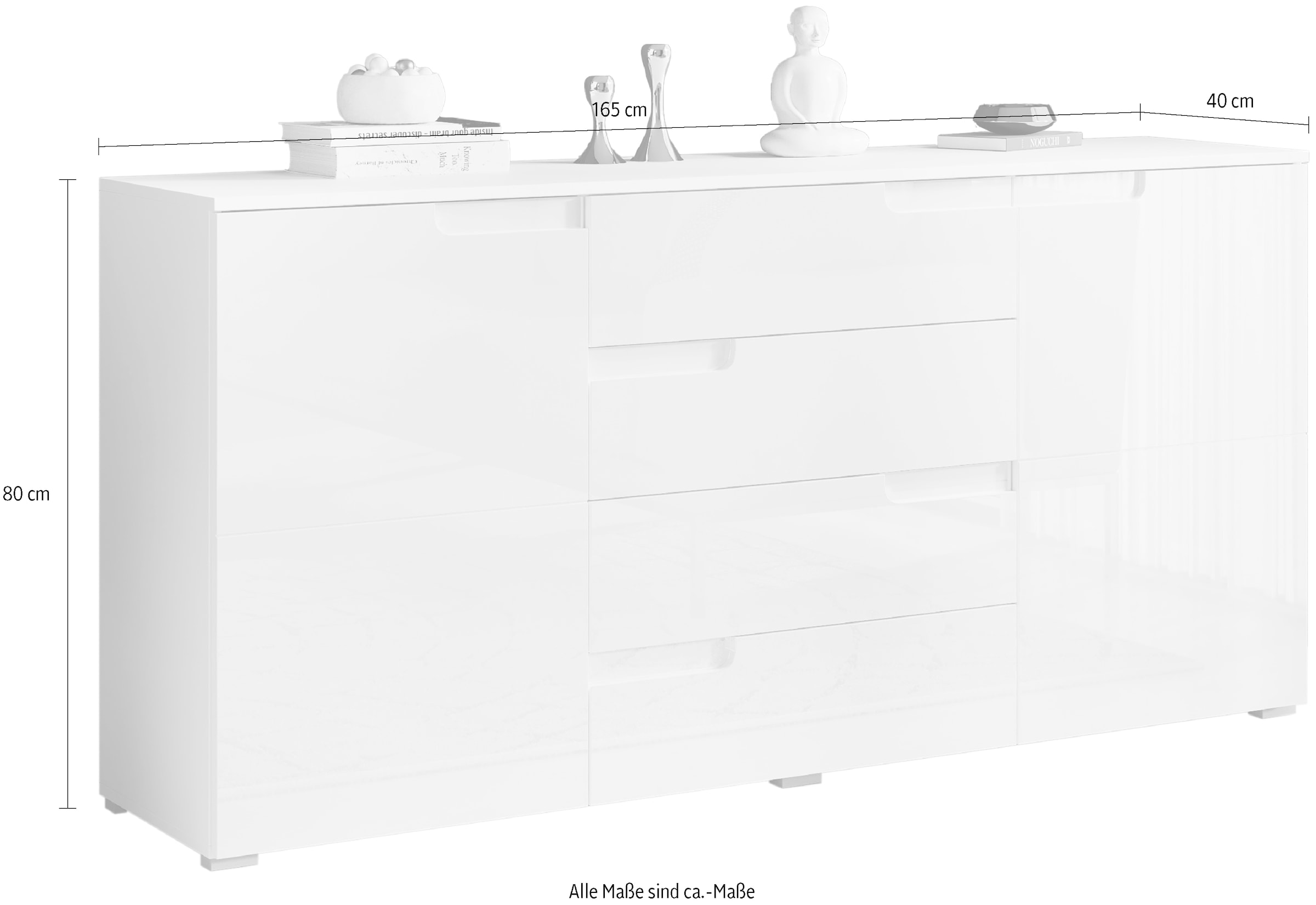 HBZ Sideboard »Spice weiß Hochglanz, Wohnzimmerschrank BxHxT 165x80x40 cm«, (1 St.), Mit 2 Türen, 4 Schubkästen, 2 Einlegeböden verstellbar