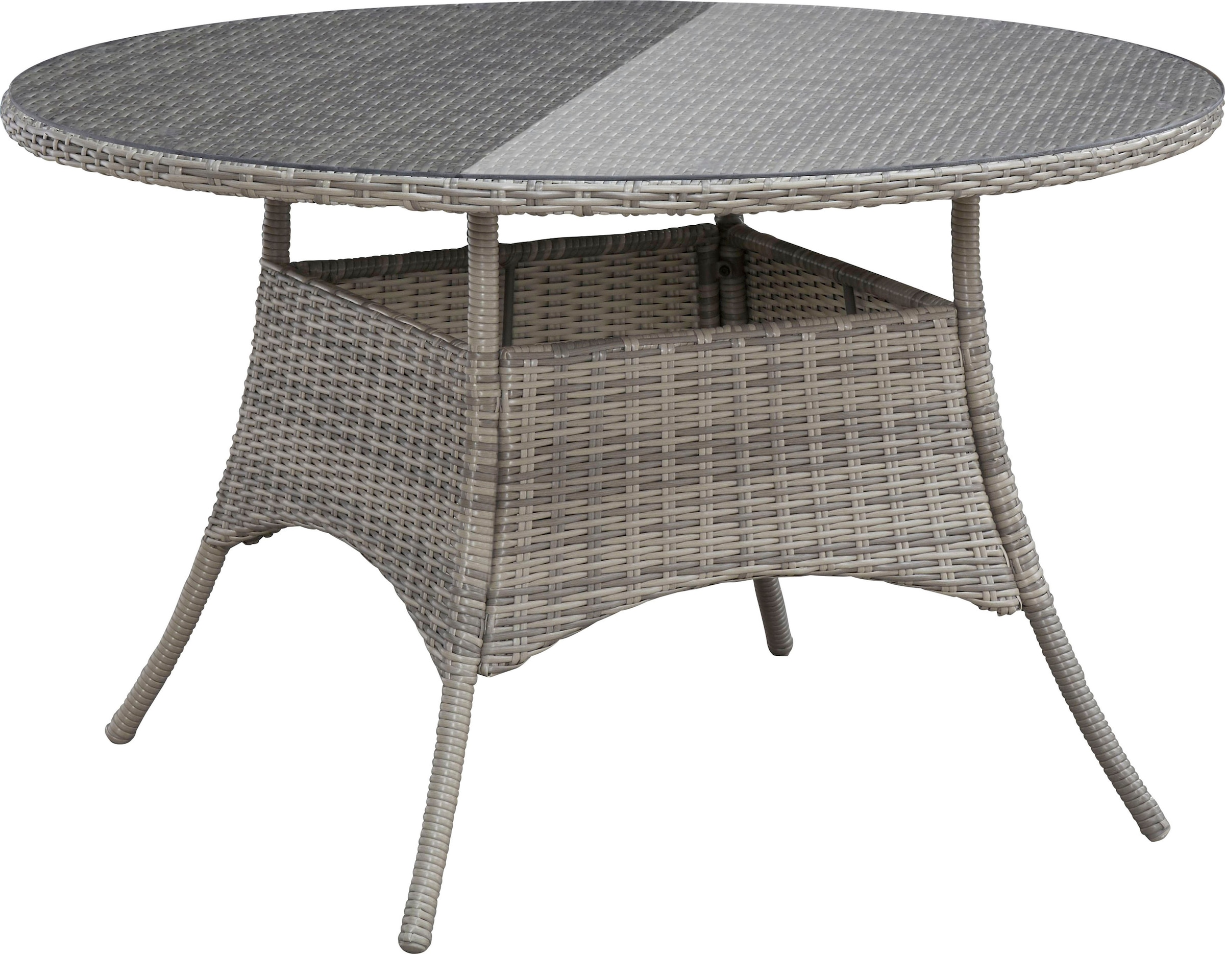 KONIFERA Garten-Essgruppe »Menorca«, (Set, 13 tlg., 4x Sessel, 1x Tisch ØxH: 120x75cm, inkl. Auflagen), Polyrattan, Aluminium, Tischplatte aus 5mm starkem Sicherheitsglas