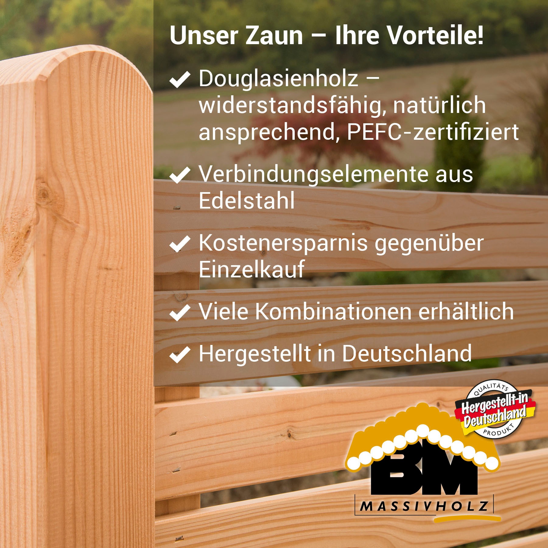 Thumbnail - BM Massivholz Zaun "Kurt Set 3" 3 Zaunelemente 180 x 180cm, 4 Pfosten, Kopf gerundet, Länge 190cm