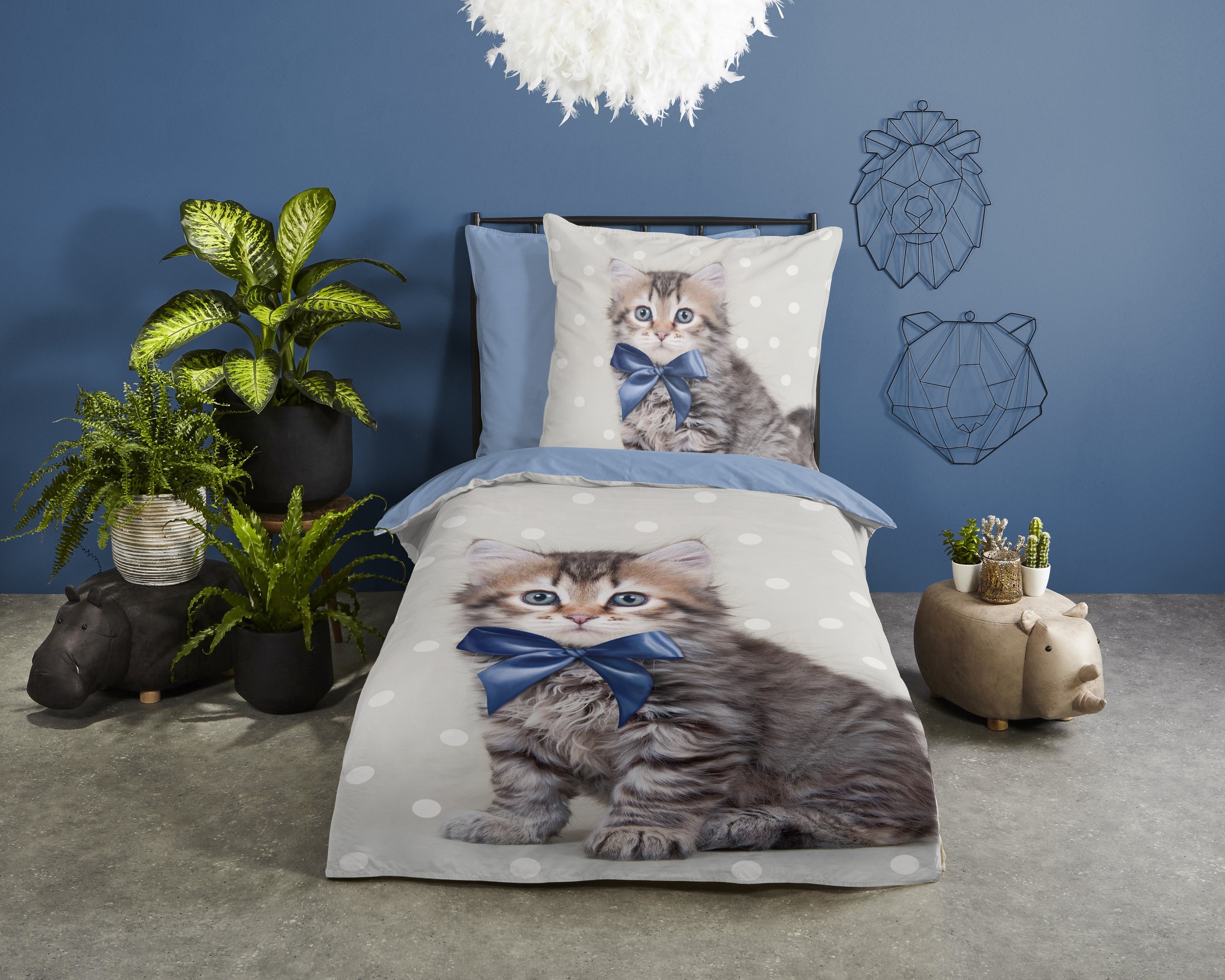 good morning Kinderbettwäsche »Mae«, 100% Baumwolle, 135x200, Reißverschluss, Wende, Kind, Katze, Blau Grau