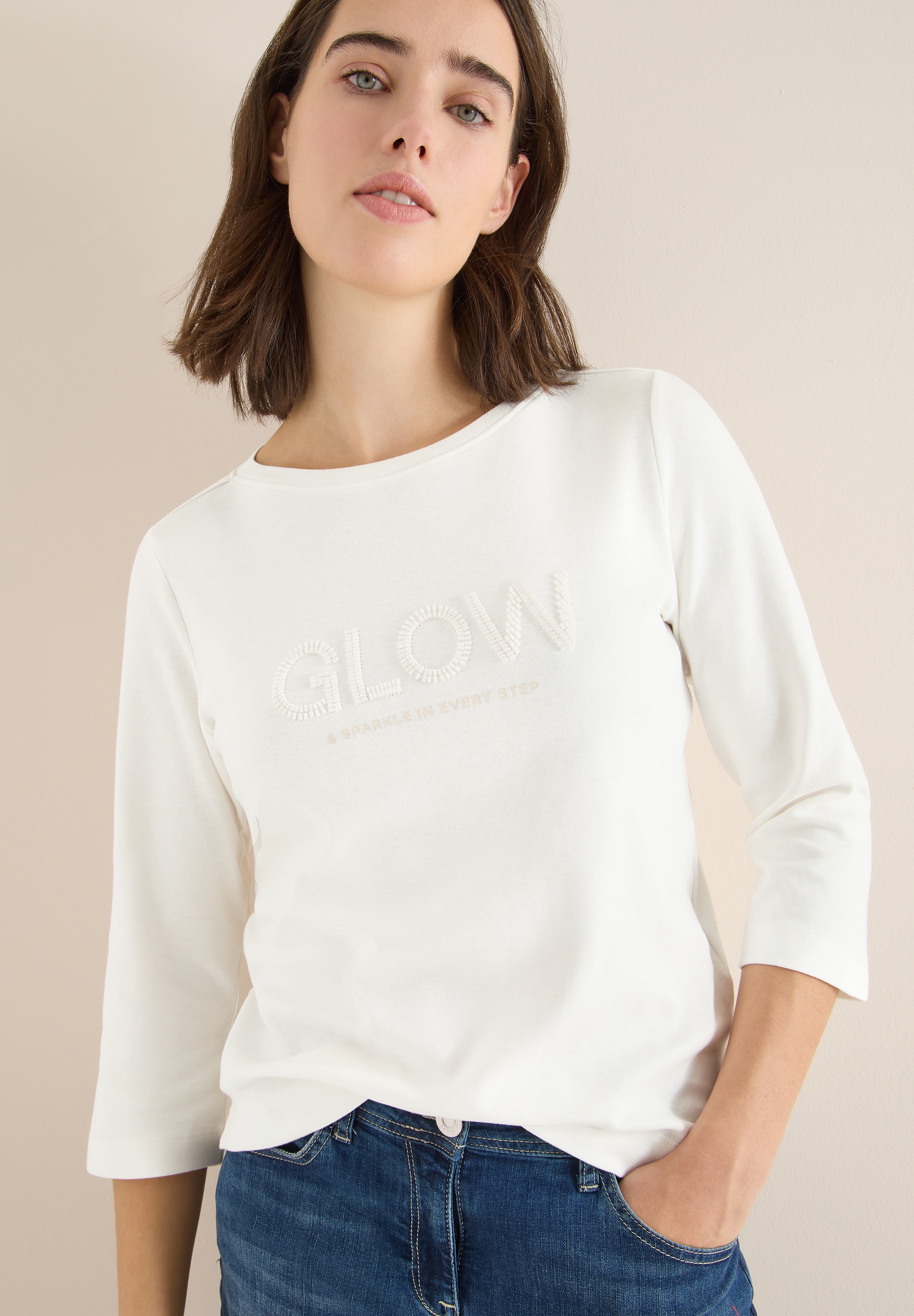 Cecil 3/4-Arm-Shirt mit schimmerndem Wording günstig online kaufen