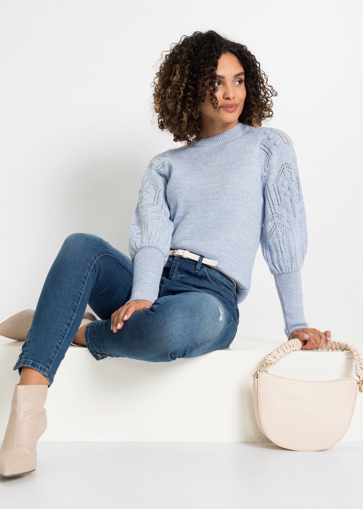 bonprix Strickpullover Ballonärmel mit tollem Ajourmuster und extra breitem Strickbündchen