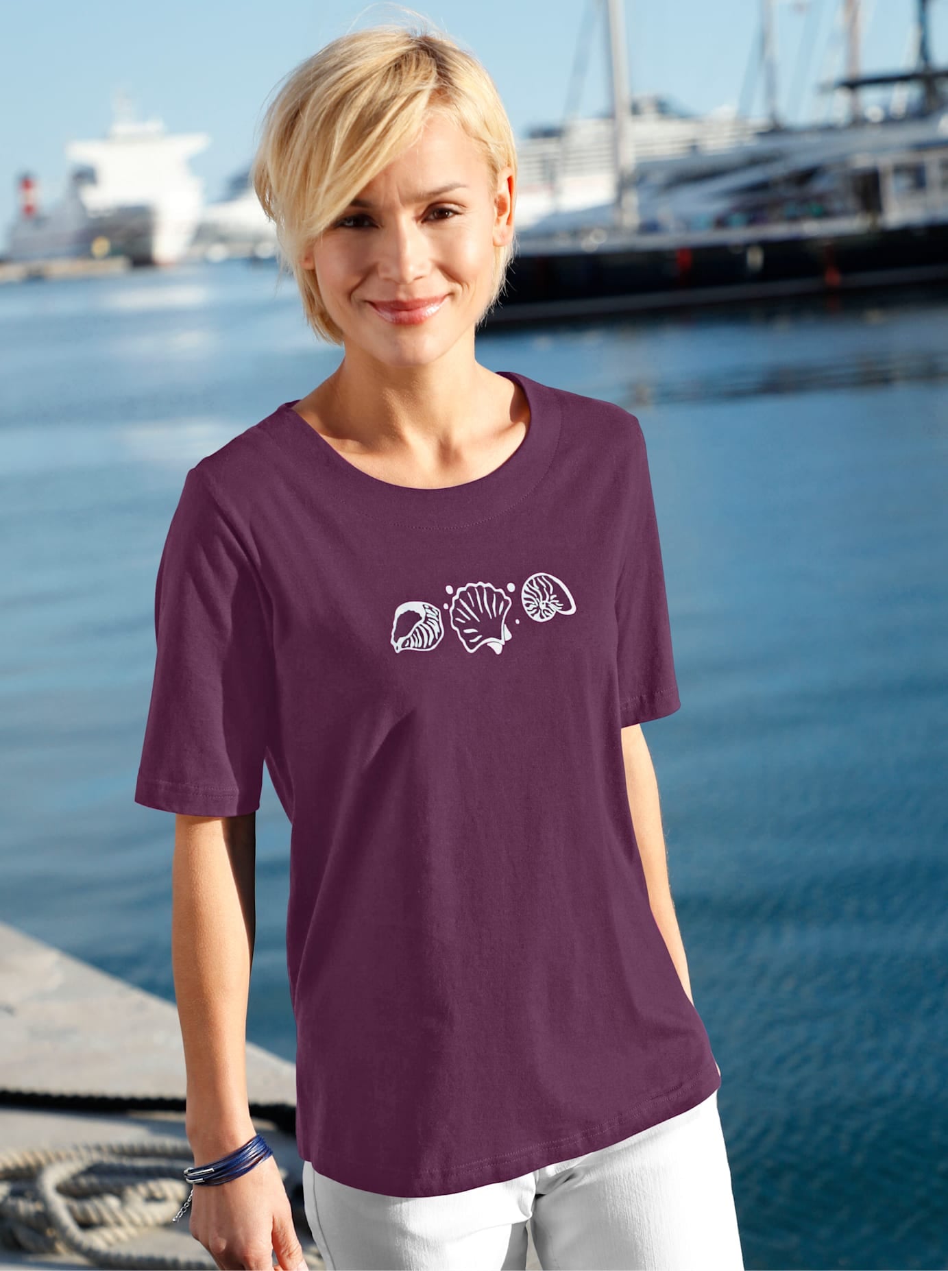 Kurzarmshirt CASUAL LOOKS "Shirt", Damen, Gr. 38, lila (feige), 100% Baumwolle, bedruckt, gemustert, unifarben, Rundhals, Shirts